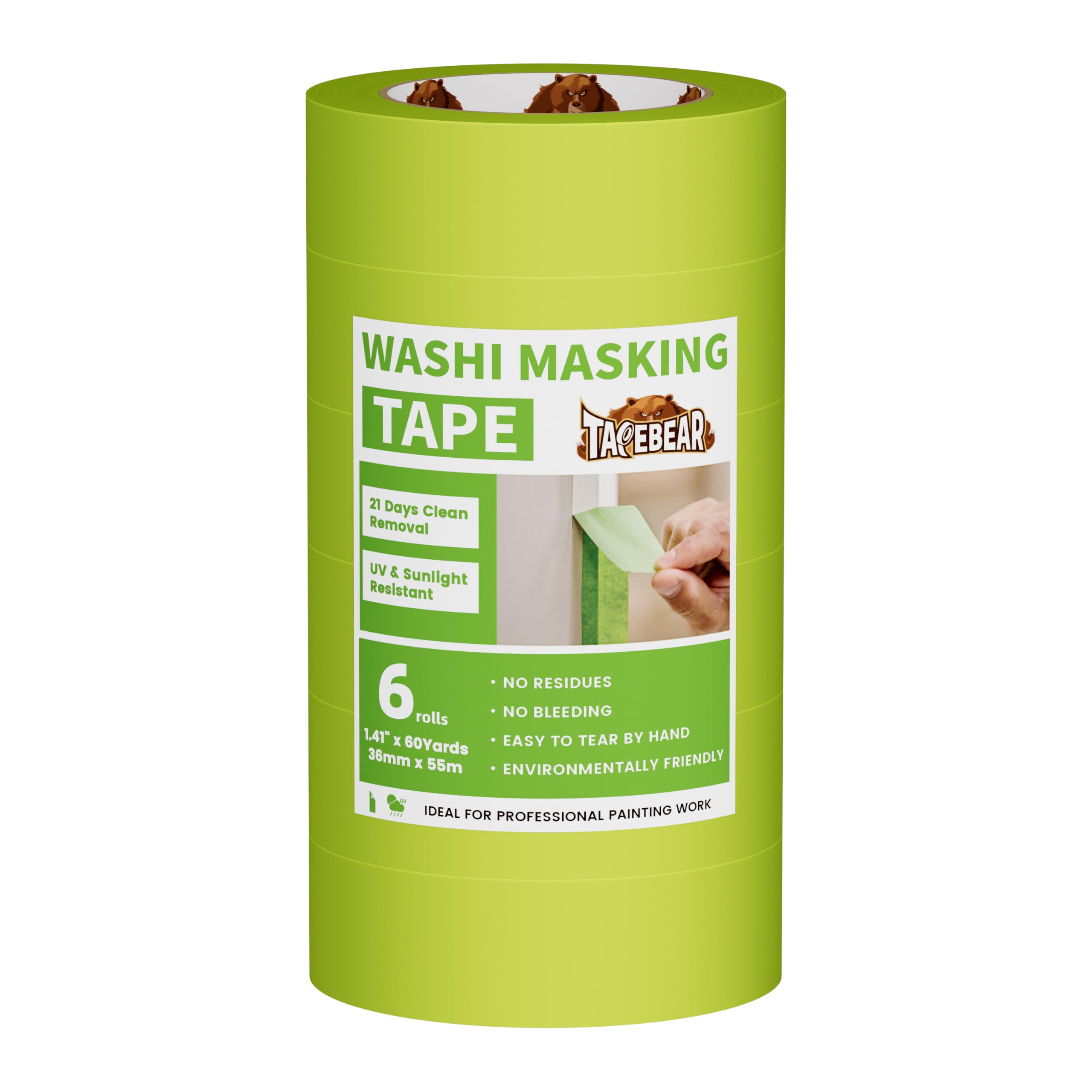 TAPEBEAR Ruban de Masquage Vert 36mm x 55m x 6 Rouleaux, Faible adhésion