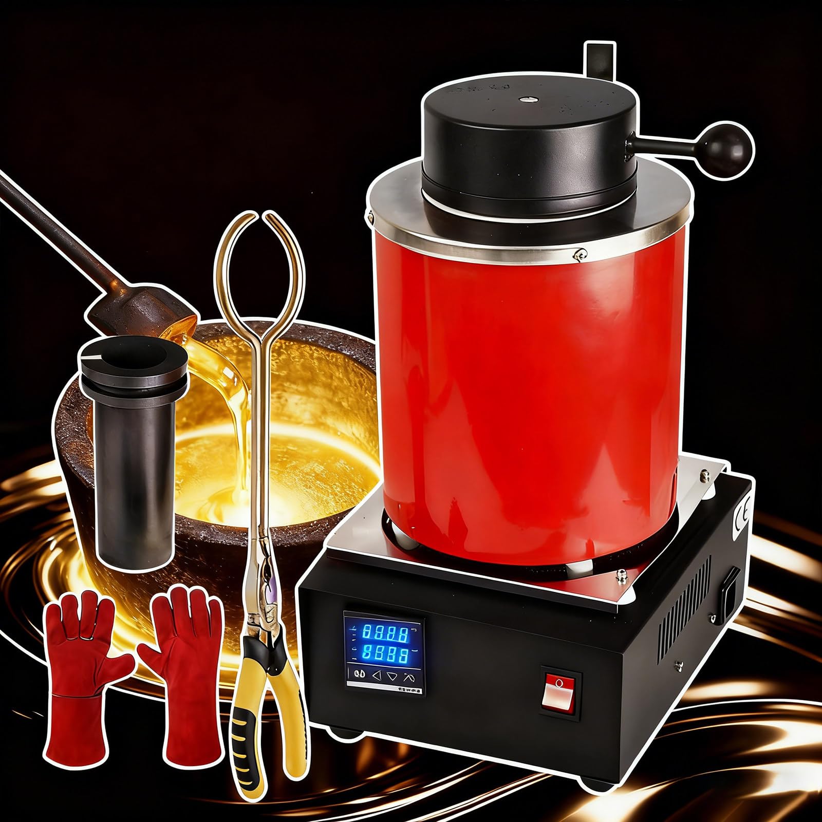 Horno Eléctrico para Fundir Oro con Control Pid, Máquina De Fundición Digital De 1400 W Y Crisol De Grafito, para Fundir Chatarra De Oro, Plata, Cobre Y Aluminio,1150 °C 2kg-Red