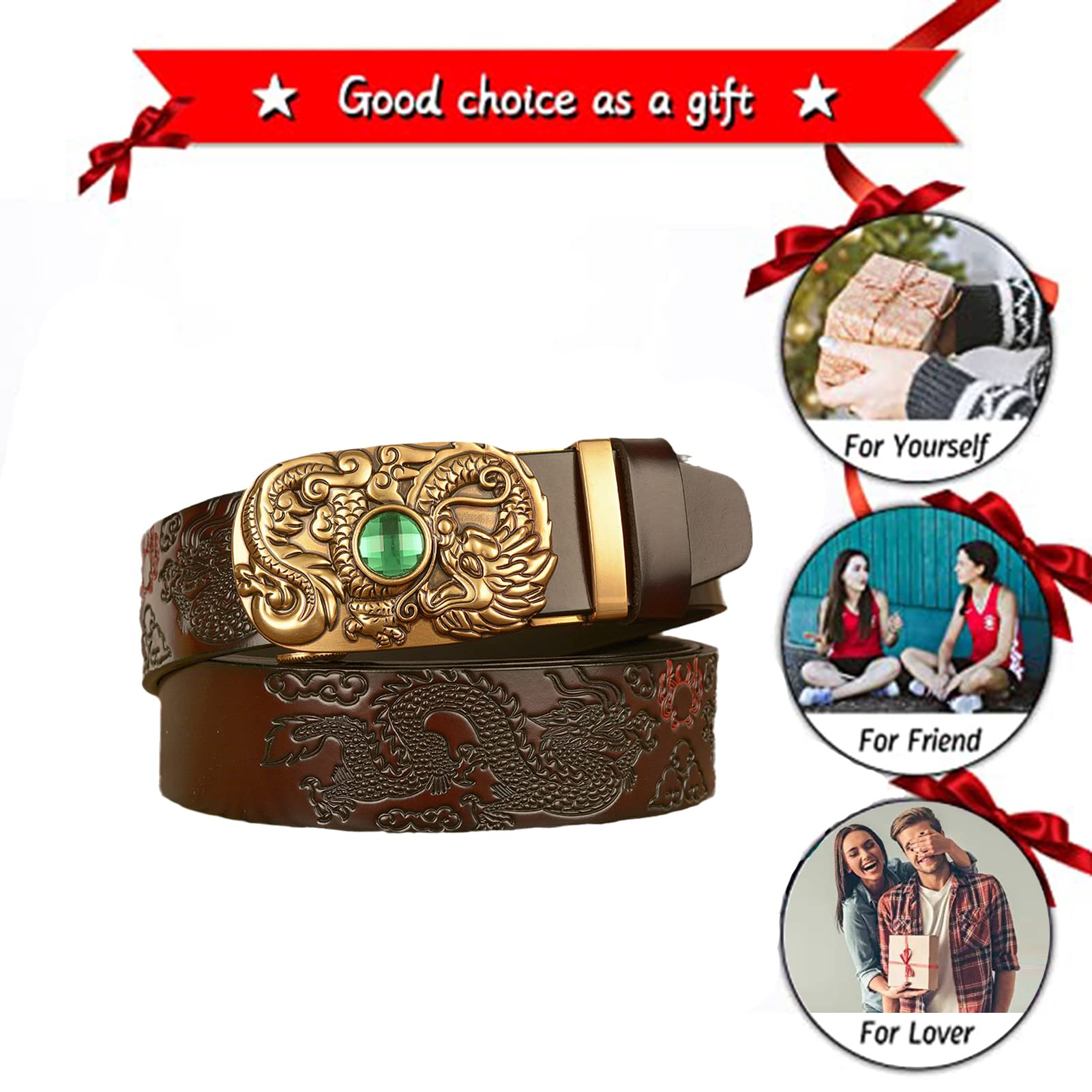 Cinturón De Piel Vacuno Con Trinquete Grabado For Hombre, Hebilla Automática Deslizante Dragón Dorado, Correa Estilo Western 35 Mm