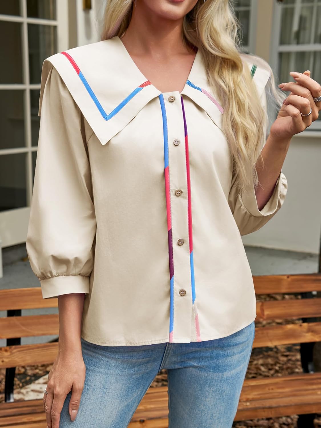 Cicy Bell Womens Button Down Shirts Trendy Casual 3/4 Lantern Sleeve Blouse Square Neck Collared Tops - Image 4