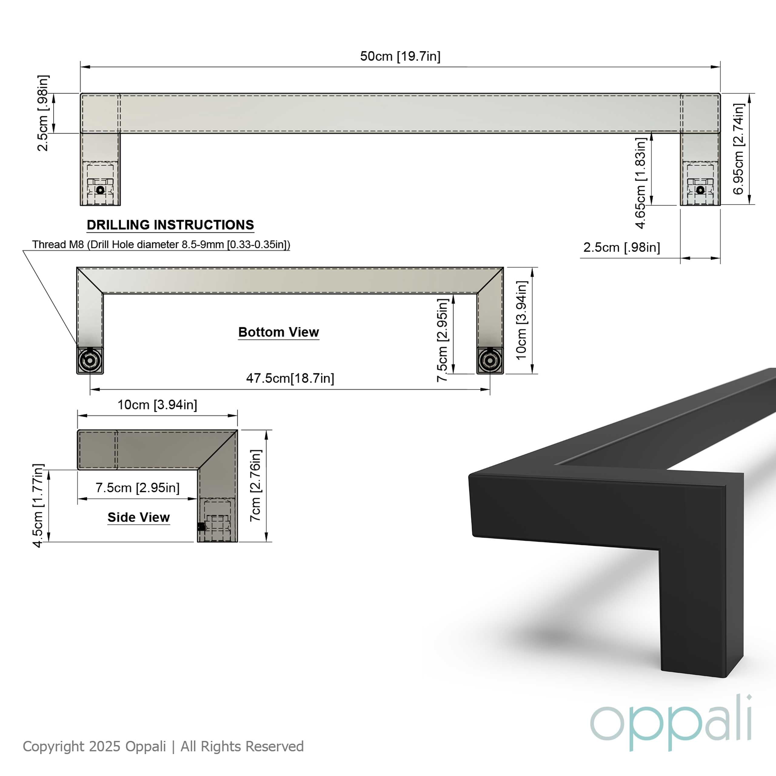Maniglione per porta d’ingresso in acciaio inox 304 Nero Art.526 | Offset Pull Handle | T-Bar quadrato | 50cm Lunghezza totale