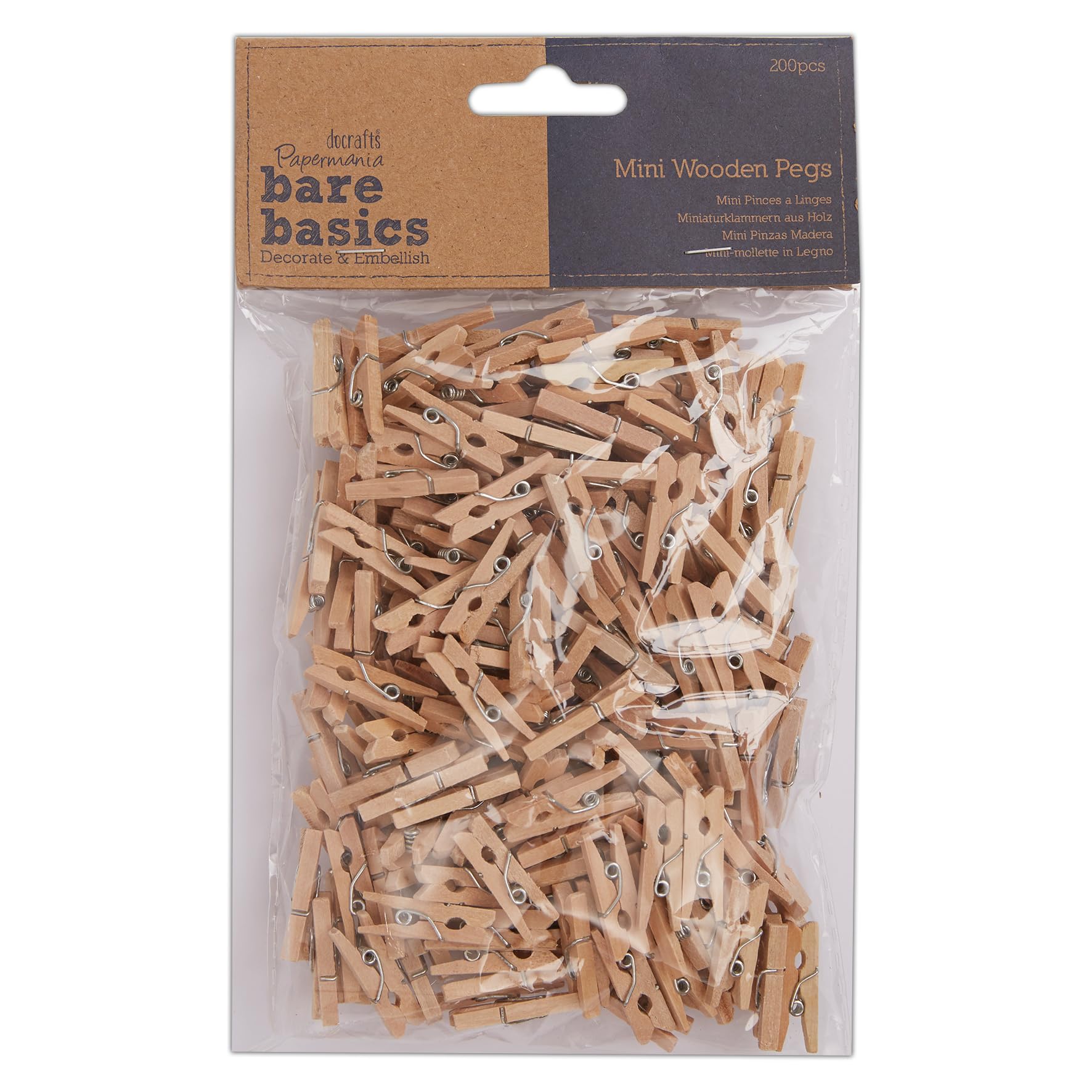 Papermania Wooden Natural Mini Pegs Pack Of 200, for Paper Craft Decoration, Home Art Decor, Wedding, Tiny Craft Essentials