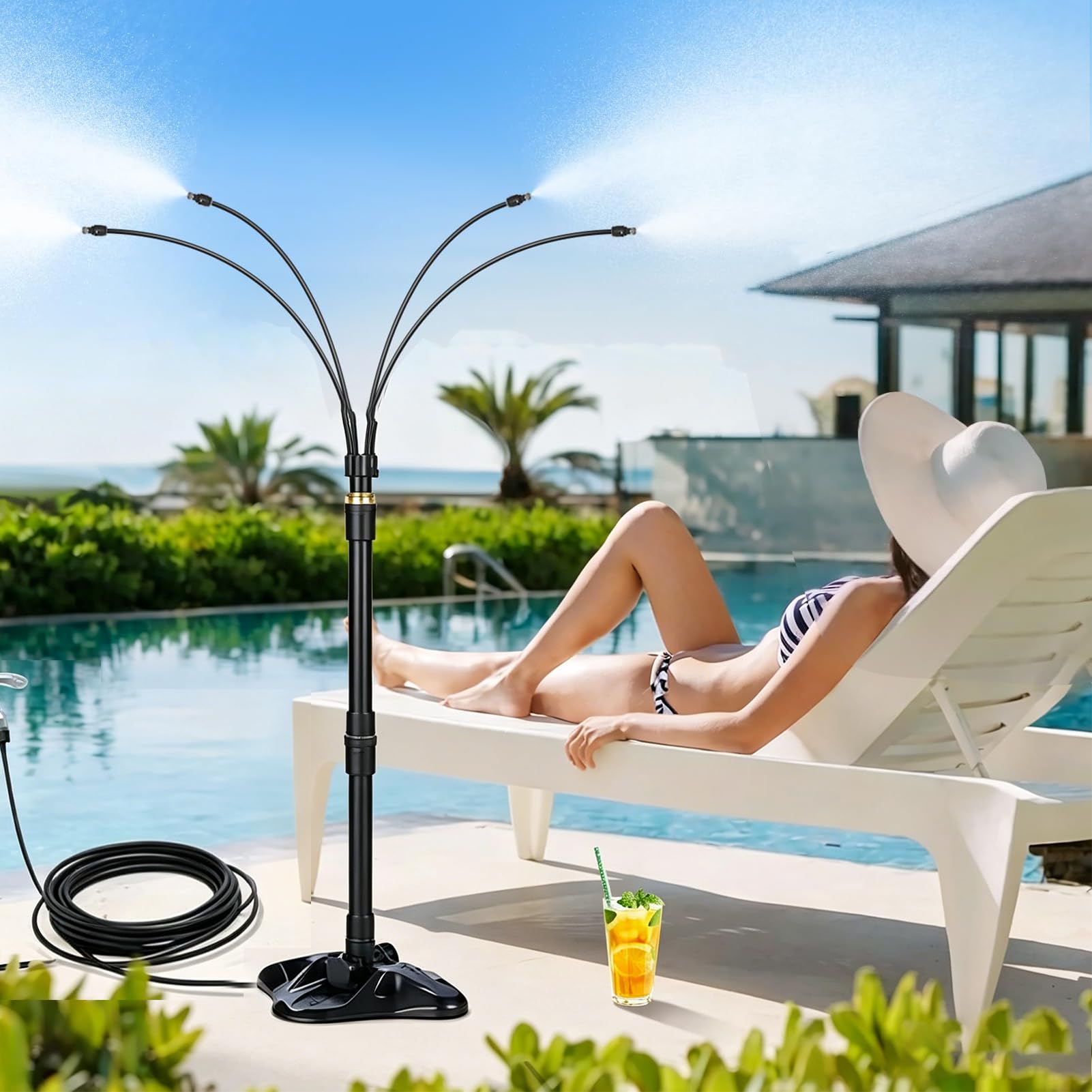 Sprühnebel Kühlung Stehend, Verstellbarer Wassernebel Kühlsystem, Bewässerungssystem mit 8m Wasserleitung und 4 Sprühschläuchen aus Formgedächtnislegierung, Nebel Kühlsystem für Terrasse, Veranda (A)