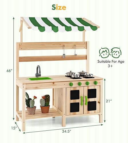 Miniatura 7 de INFANS Cocina de barro, cocina de juego al aire libre con grifo de toldo, estufas, accesorios de cocina, fregadero extraíble, juego de cocina para