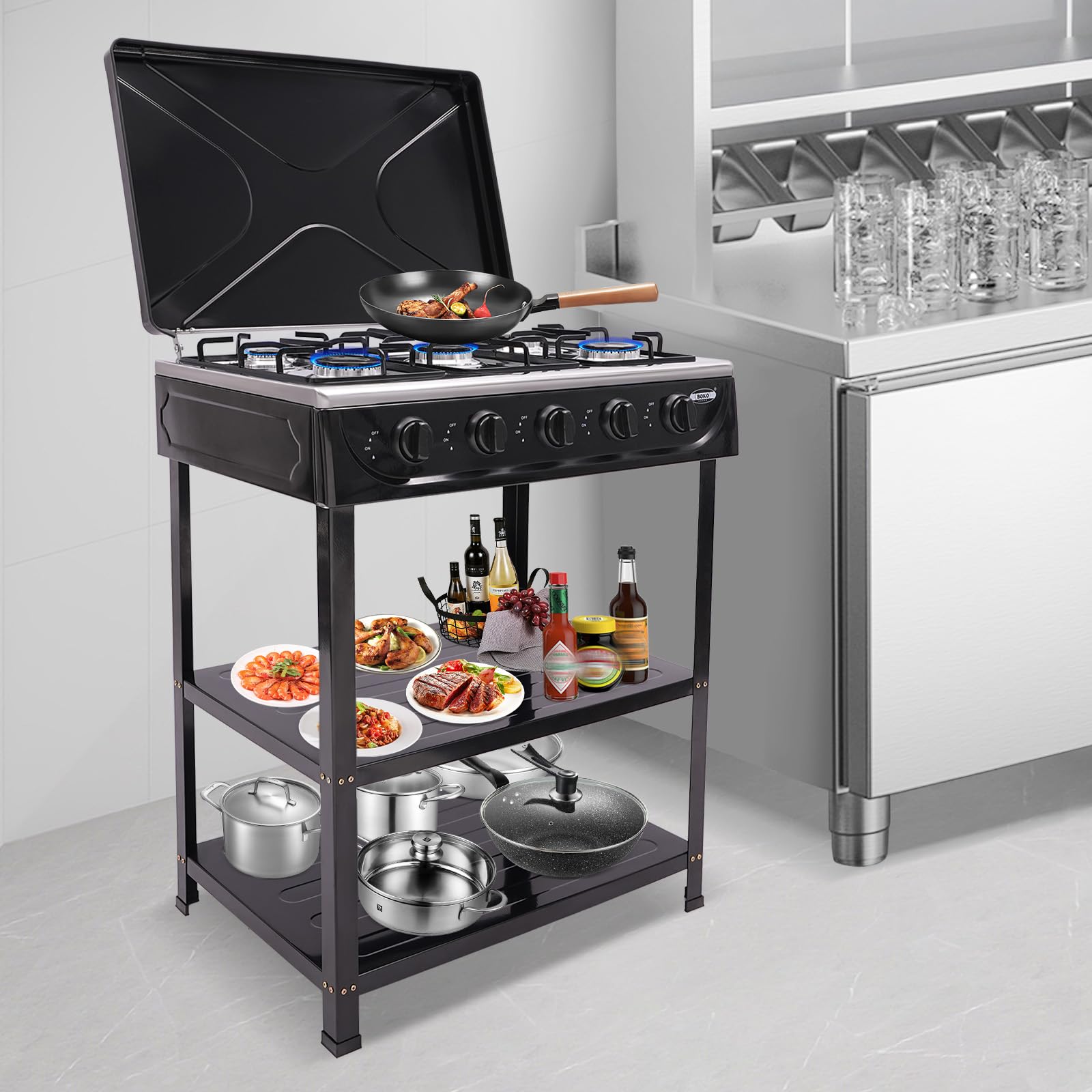 Natural Gas Stove, Natural Gas Stove with 5 Burners, Portable Natural Gas Stove,With 2-Level Storage Rack And Windshield Cover Adapter For Outdoor Camping Picnic Rv Cooking Black