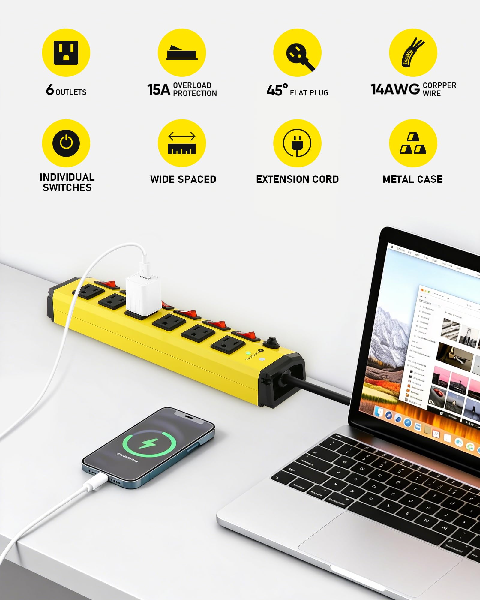 Regleta de alimentación resistente con interruptores individuales, regleta de alimentación de metal de 6 salidas con protector de sobretensiones de 1200 julios, diseño de enchufe plano, 6 pies, cable