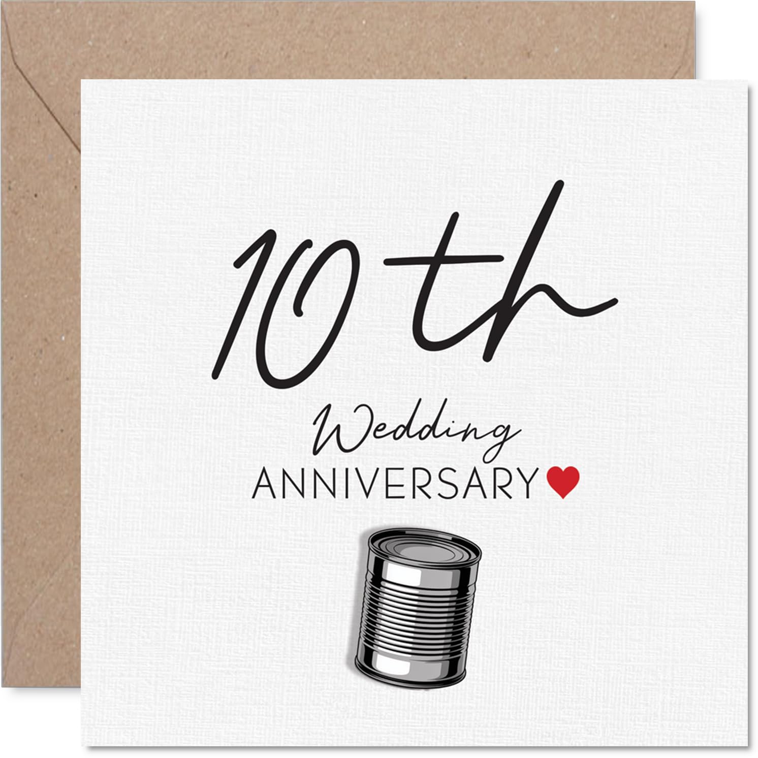 Milestone 10th Anniversary Card - Tin-can Vibes for a Decade Together - Minimalist Can and Heart Design in Bold Red and Black - 145mm Square, Envelope Included