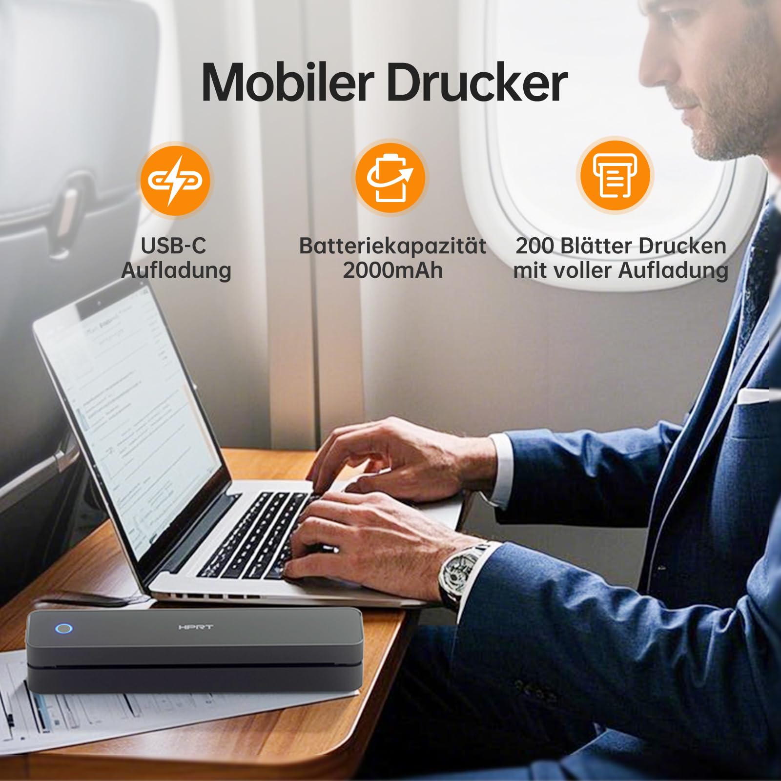 HPRT tragbarer Drucker drahtlos für Reisen, Bluethooth Tintenloser Thermodrucker Unterstützung für A4-Papier, kompatibel mit iOS, Android, Laptop für Büro und Zuhause