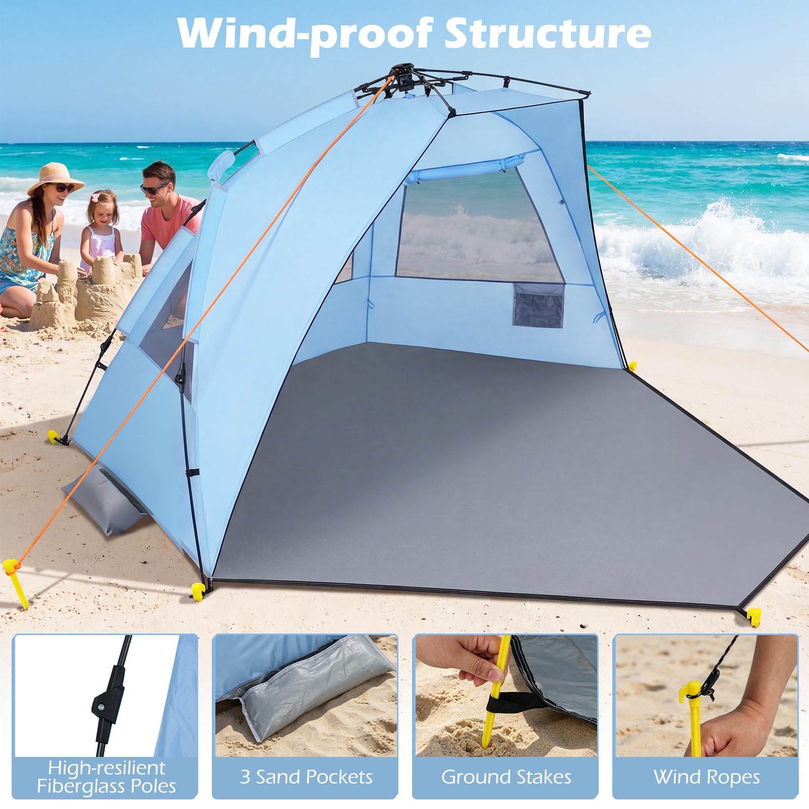 FANTASK Quick Up Tente de Plage pour 3 à 4 Personnes avec Porte zippée et 4 fenêtres en Maille, Protection V 50+, Tente Solaire avec Sac de Transport, piquets et 3 Sacs de Sable, pour Camping