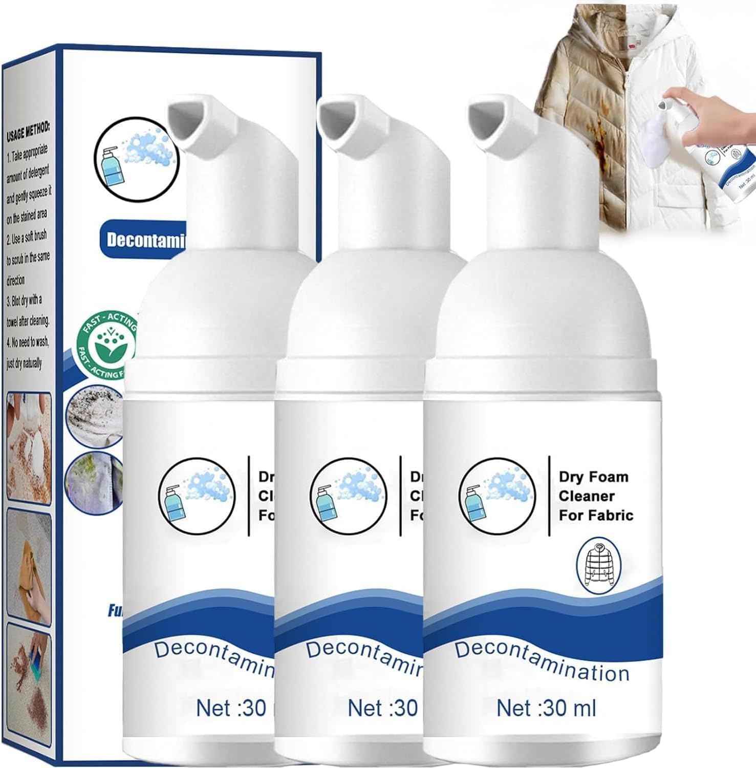 – 3 Pcs Down Jacket Foam Dry Cleaner, Dry Cleaning Agent for Winter Coats, 2024 New All-Purpose Cleaner Rinse-Free for Clothes, For Fabric Cloths down Jacket Sofa, Stain Remover (30ml*3)