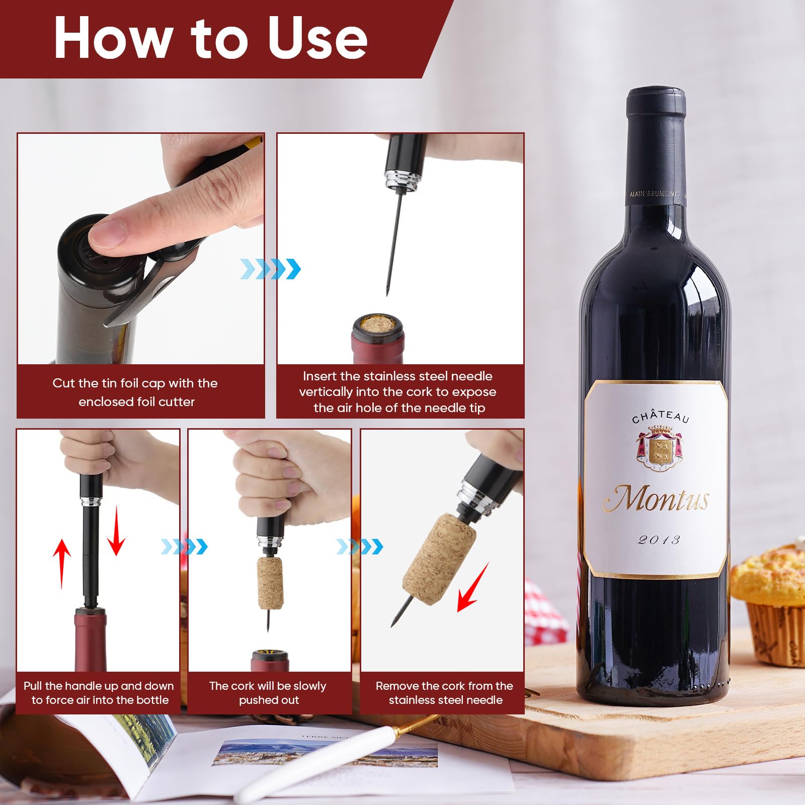 Set de Sacacorchos de Aire a Presión, Sacacorchos Manual, Tapones de Silicona para Botellas, Tapón Reutilizable para Botellas de Vino, Ideal para los Amantes del Vino
