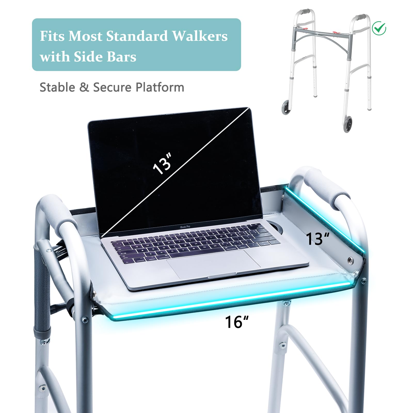 BAGSFY Walker Tray with Cup Holder – Hard Top Walker Accessory for Seniors – Folding Walker Table for Meals, Reading, Drinks – Non-Slip, Easy Install, Universal Fit