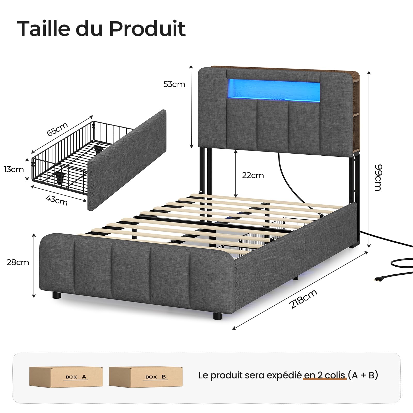 AOGLLATI Lit 90x200 à LED avec Multiprise et 2 Grands Tiroirs, Cadre de Lit avec Sommier à Latte et Tête de Lit Capitonnée Sommier avec Rangement, Moderne sans Matelas-Lin Gris