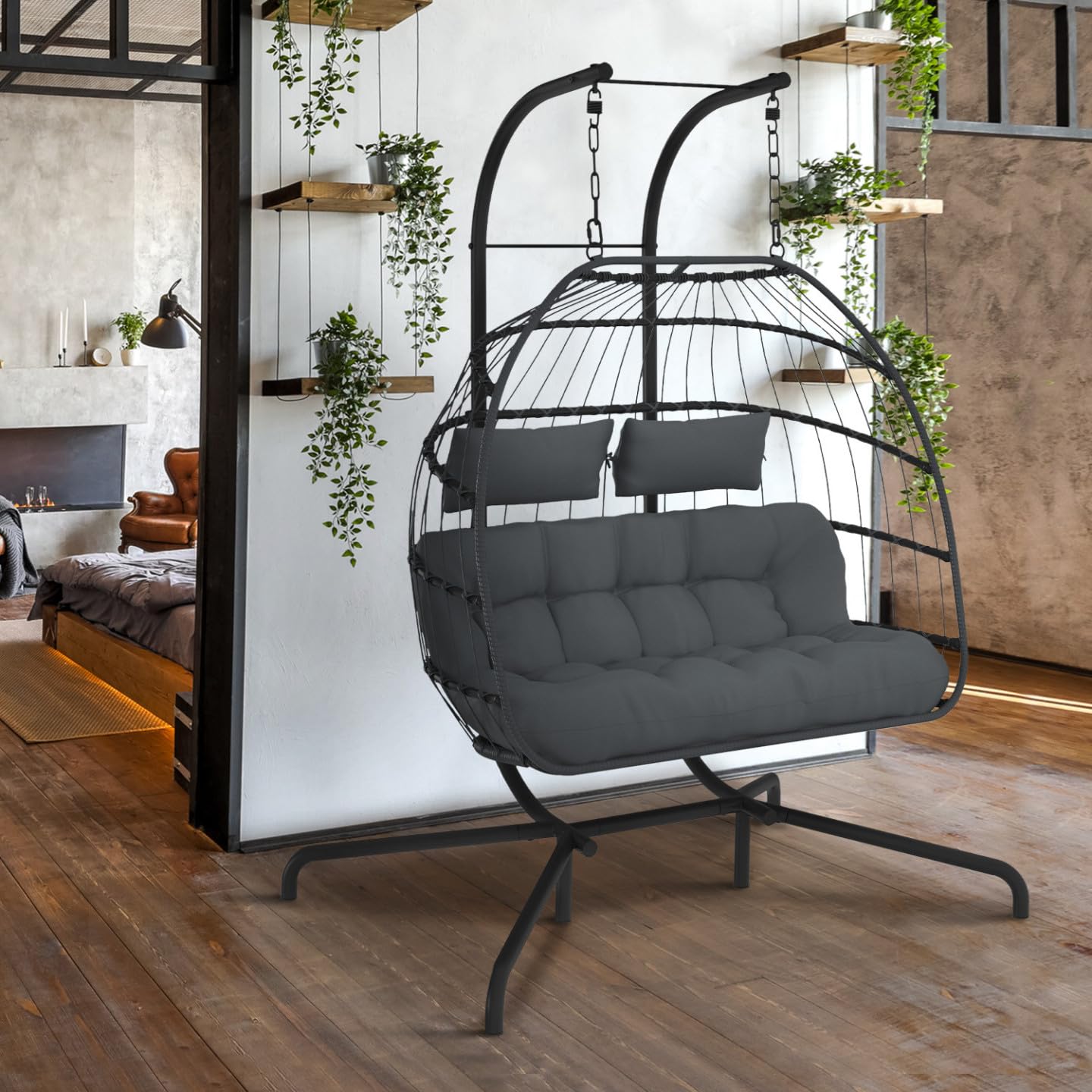 IDMarket - Fauteuil Oeuf Suspendu ajouré 2 Places Effet rotin Gris avec Coussin Gris