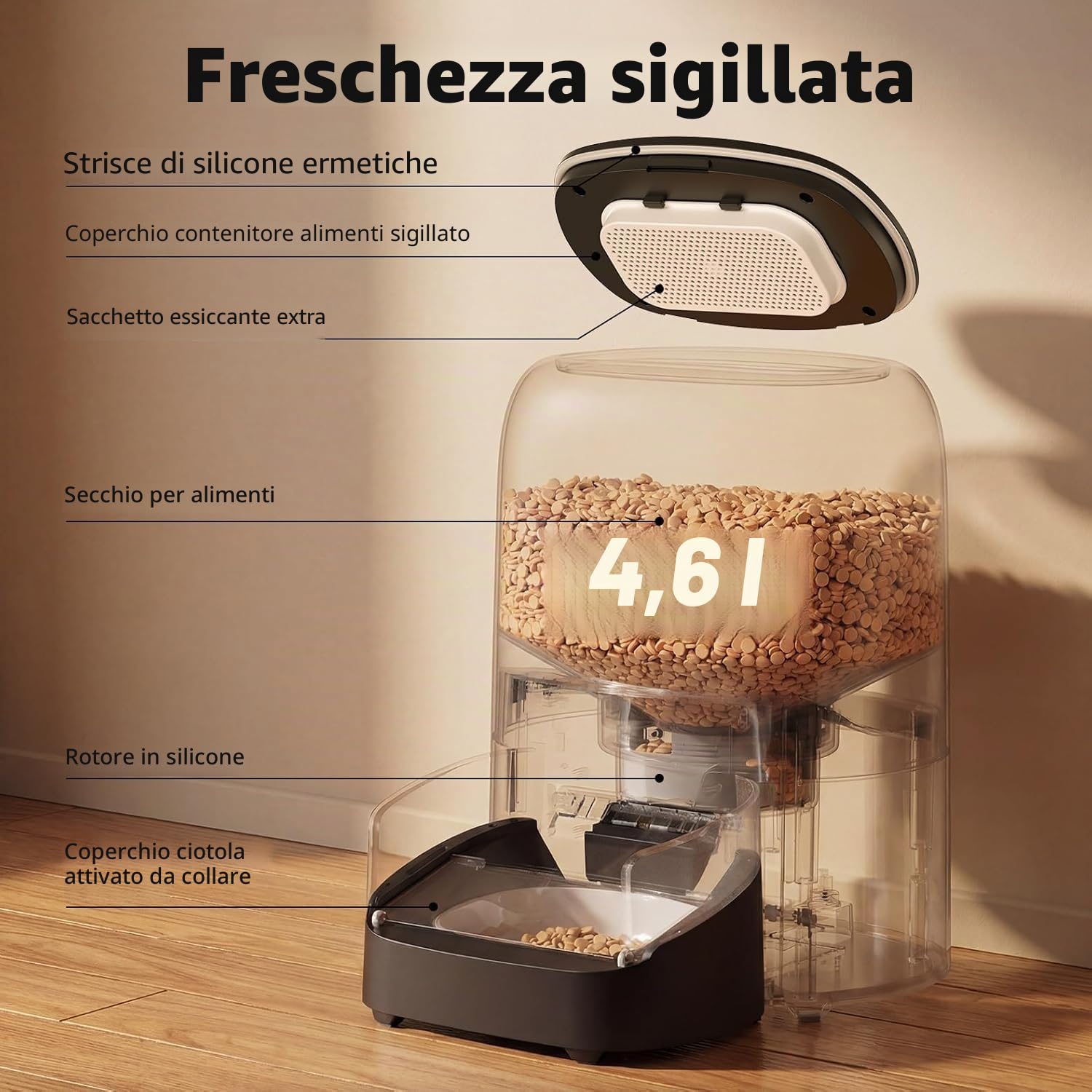 HoneyGuaridan 4.6L RFID Dispenser Crocchette Gatto con WiFi 5G e Antifurto | Distributore Automatico Cibo Gatti con Collare, Nutrizione su Misura, Monitoraggio Dietetico, Antifurto, Ciotola in Ceramica
