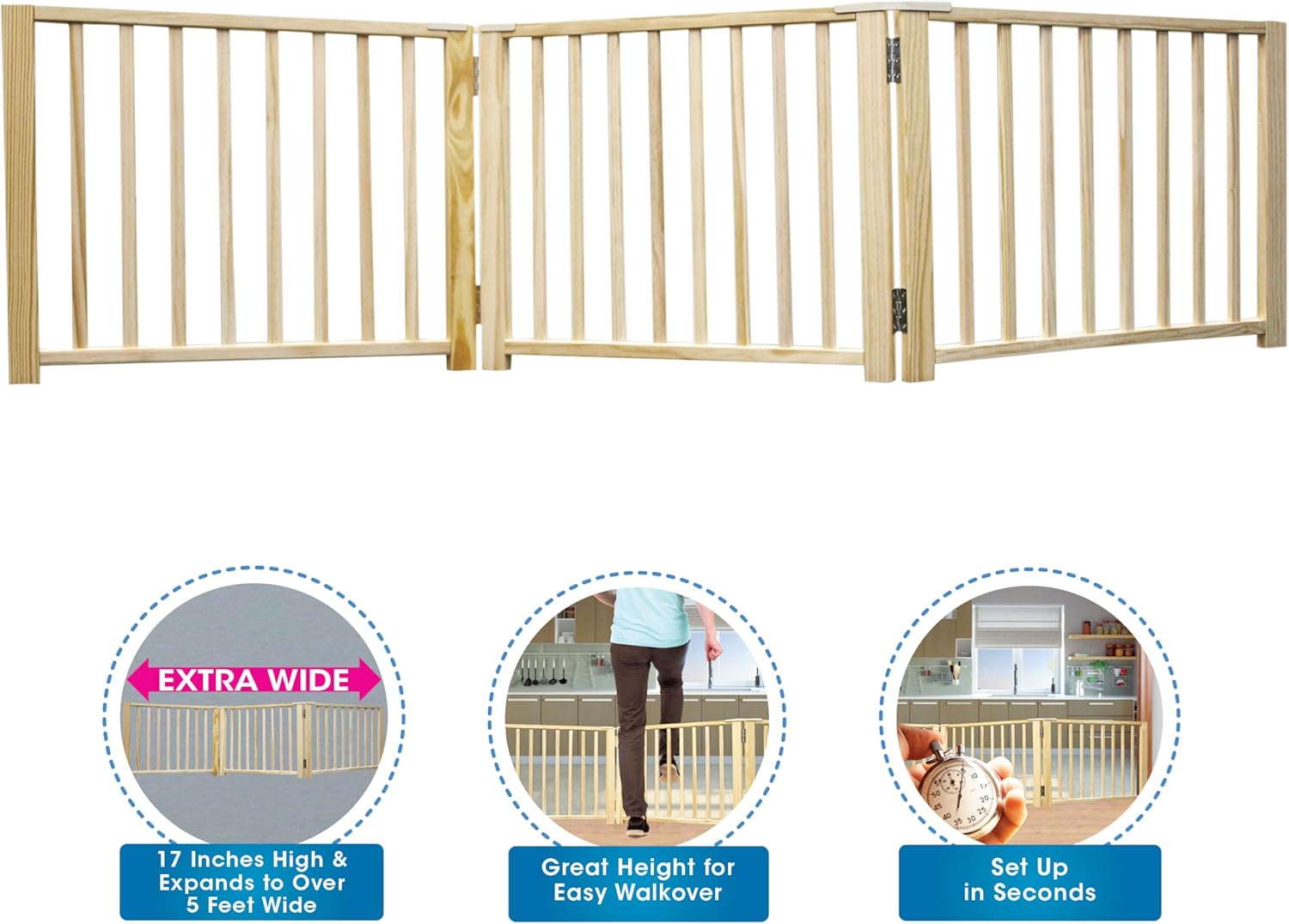 Four Paws Expandable Dog Gate, Wood Gate for Dogs, 3-Panel 24-68" W x 17" H