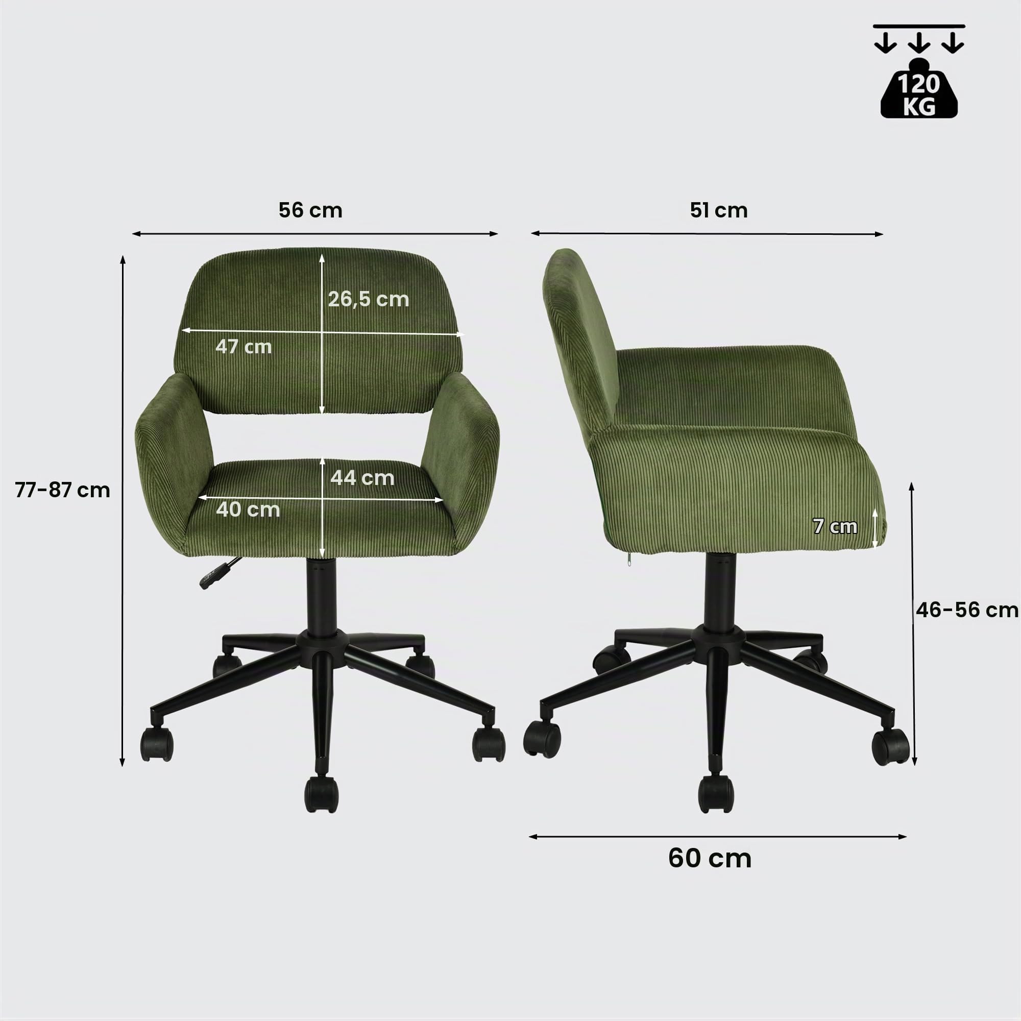 MEUBLE COSY Sedia da Ufficio Girevole Regolabile in Altezza Poltrona da Scrivania Toelette Seduta in Velluto a Coste con Ruote per Studio Camera da Letto, Verde