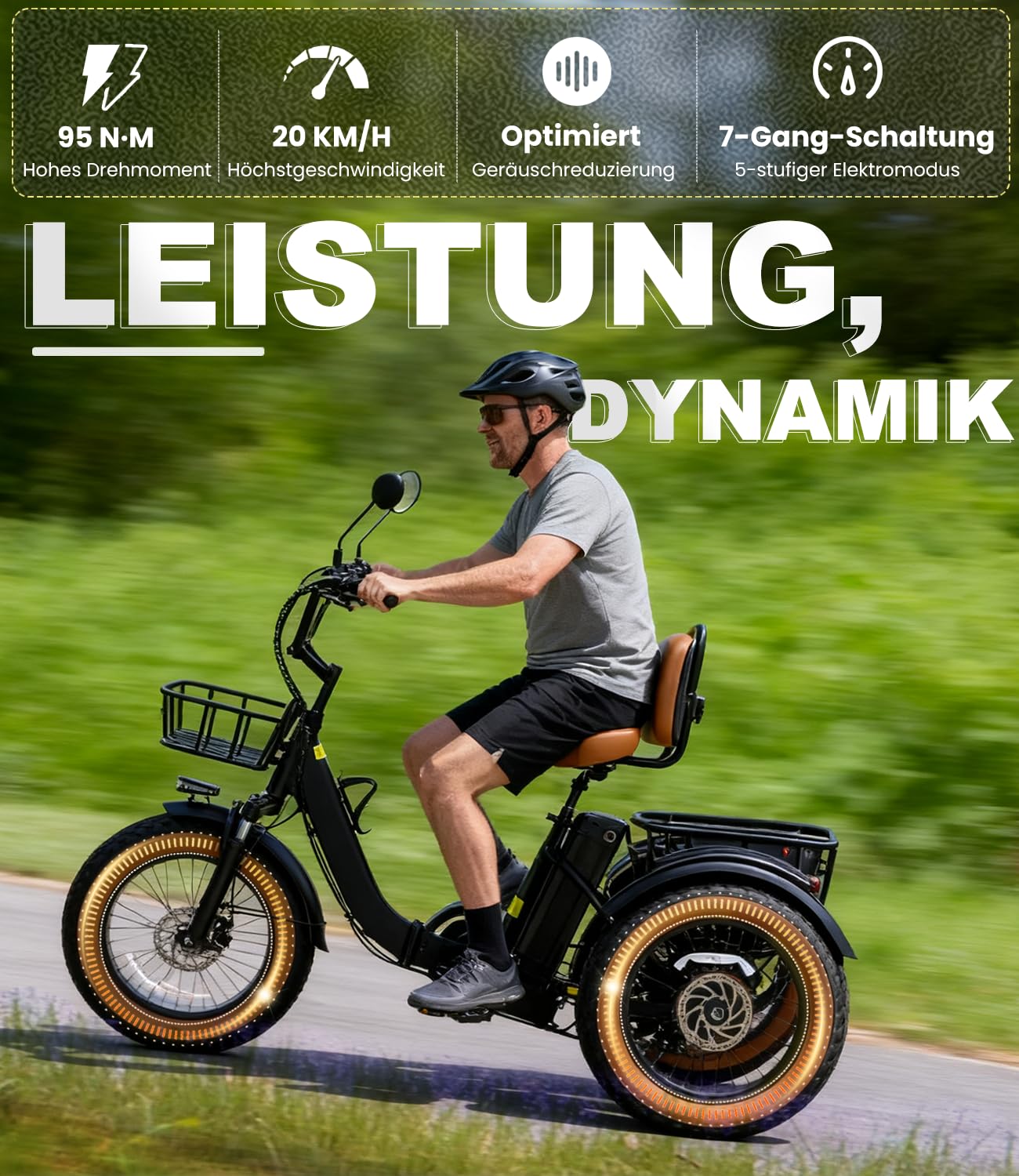 KAKIGO Elektro-Dreirad Für Erwachsene,Fat Tires Elektro-Dreirad,250W Motor,95 Nm,48V 18/10.4Ah Akku,20 Km/h, Vorder-&Hinterkorb,Differenzial,90/50Km Reichweite,Differential