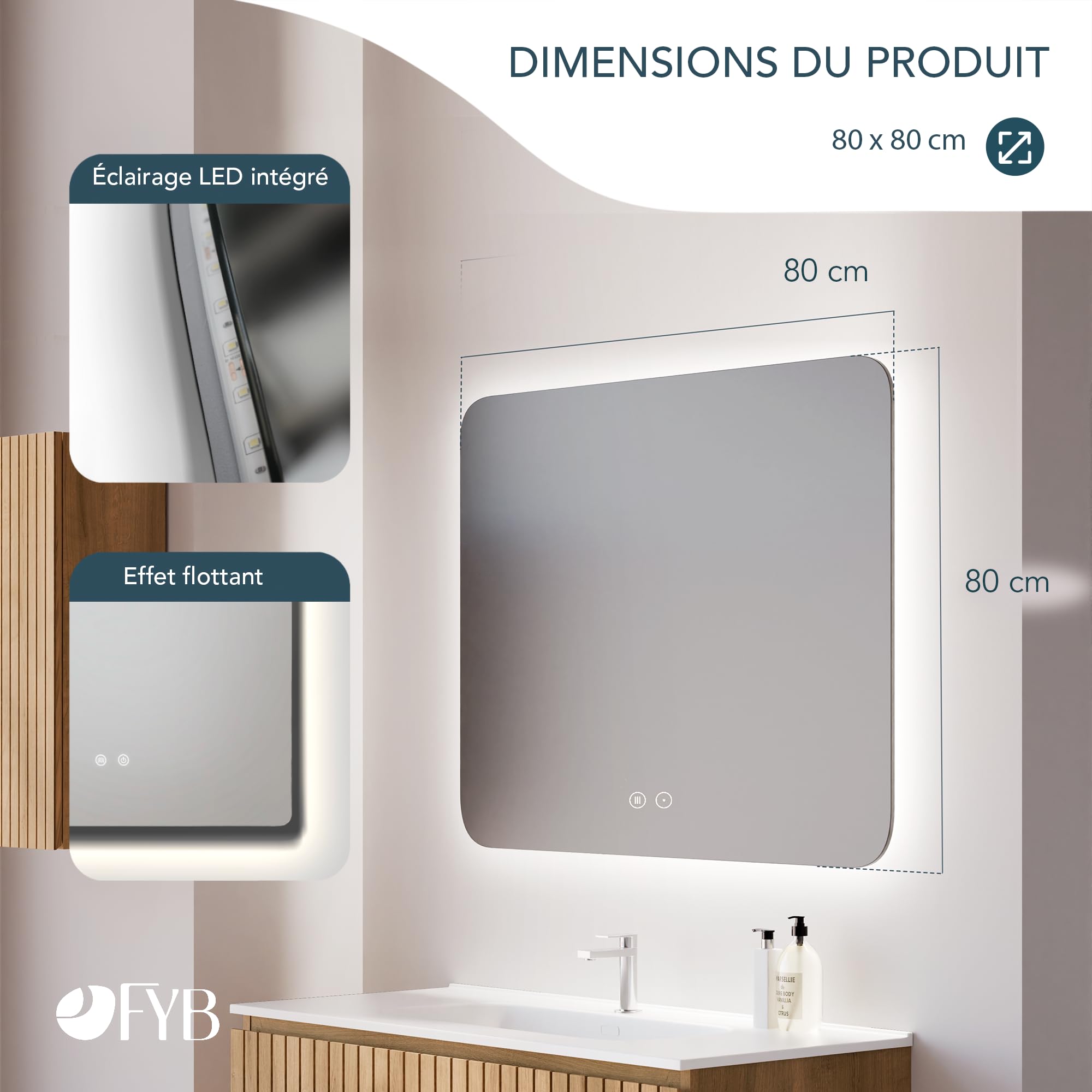 Miroir de Salle de Bain carré 80x80 avec lumière LED réglable, Fonction antibuée, Interrupteur Tactile, Verre trempé pour Salle de Bain Moderne, Usage Quotidien et Finition élégante
