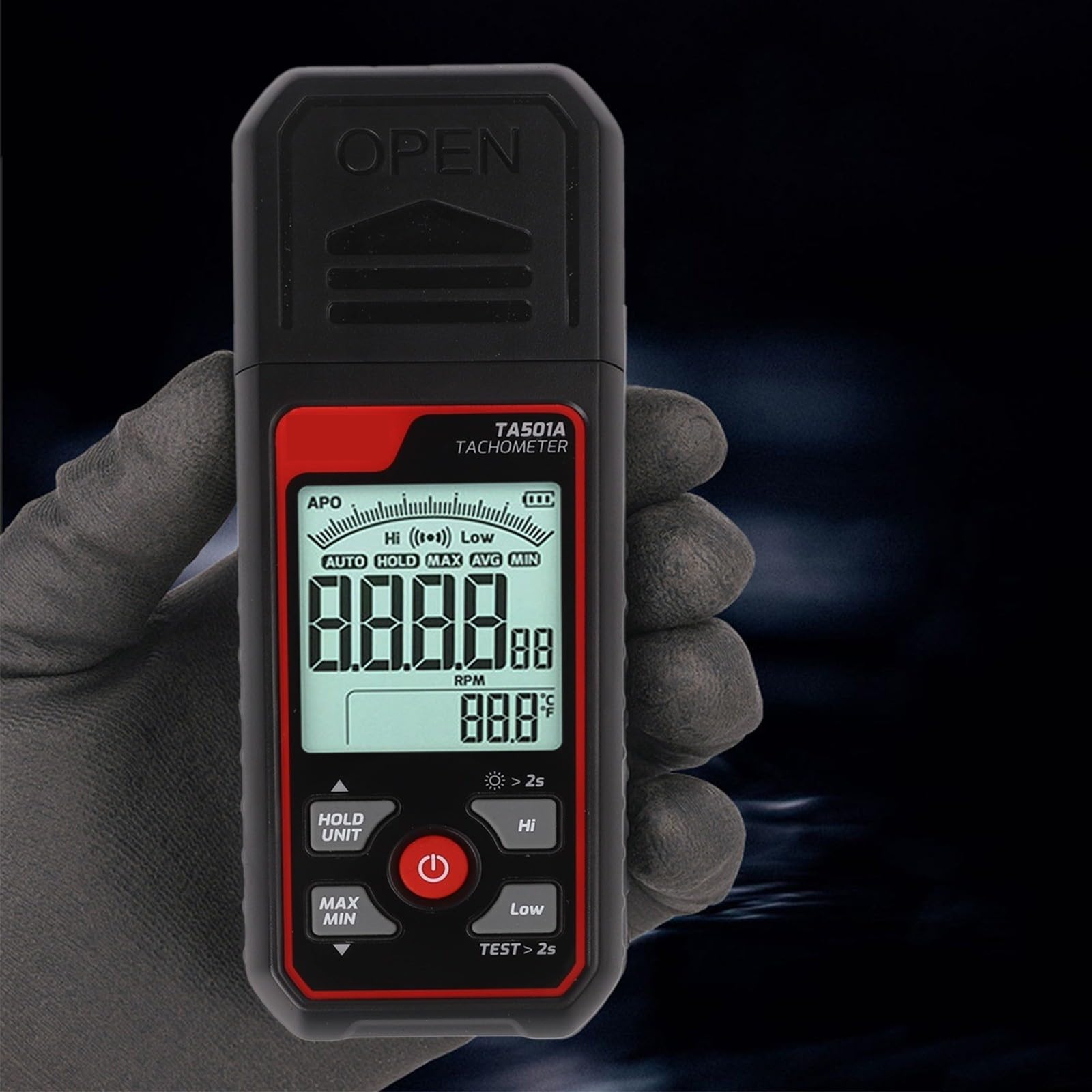 Tacómetro digital TA501A medidor de RPM fotoeléctrico sin contacto 25-99999RPM retroiluminación LCD bloqueo de datos máx/mín/prom alarma motor ventilador prueba