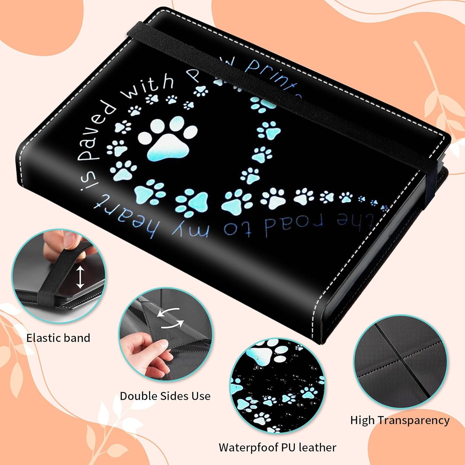 Small Photo Album 4x6, PU Leather Vertical 120 Pockets Photo Book,Personalized Portable Top Loader Wedding School Graduation Family Travel Picture Albums-pawprint Heart