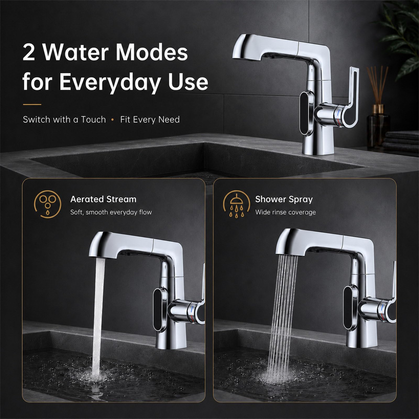 Grifo Lavabo Extraíble de Baño, Grifo de Altura Regulable con 3 Modos de Chorro, Mezclador Giratorio 360° de Latón Monomando, Agua Fría y Caliente, con Latiguillos Incluidos