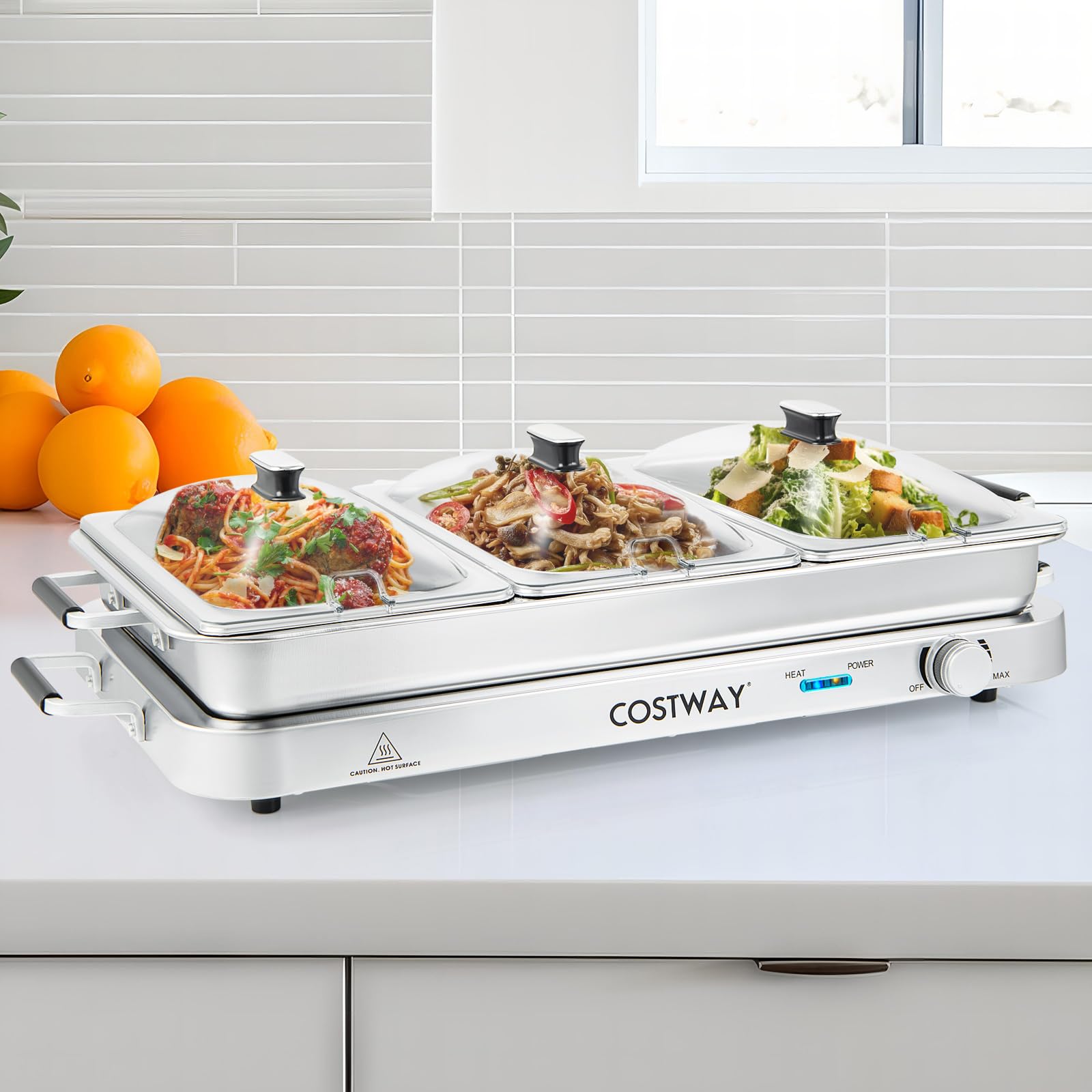 COSTWAY 2 en 1 Bandeja Eléctrica con Control de Temperatura, 450 W Calentador de Alimentos con 3 Bandejas para Servir, Bandeja Portátil de Acero Inoxidable, 9 L Servidor de Buffet