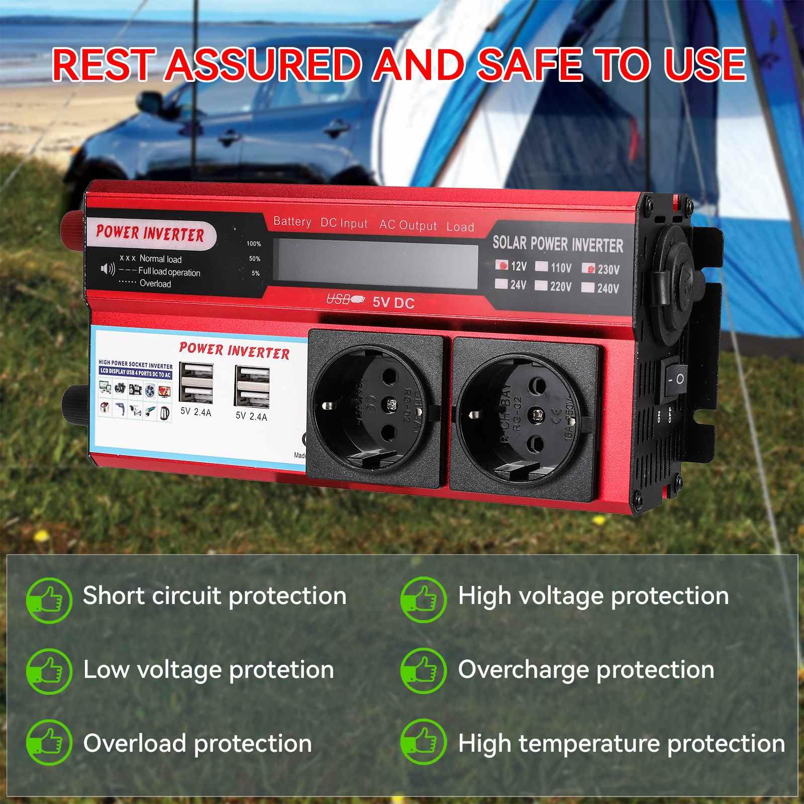 Convertisseur Onduleur 800W,Transformateur DC 12V vers AC 220V 230V,avec 4 USB Prise UE Charge,avec Affichage LED,pour Téléphone RV Voiture,Onduleur Convertisseur (12V 800W)