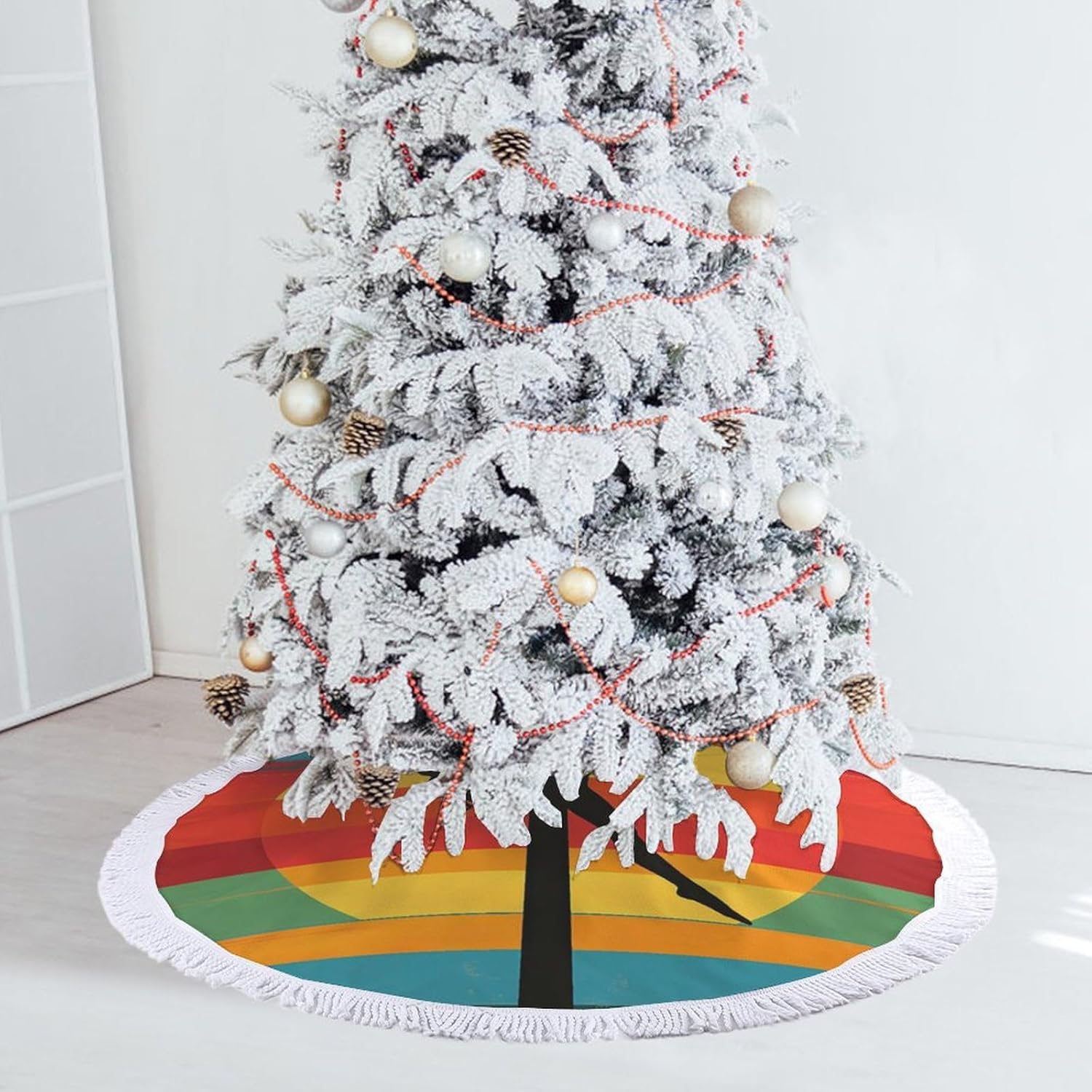 Vintage Pole Dancing Silhouette Christmas Tree Skirt Round Xmas Tree Mat Ornaments Tree Skirts with Tassels for Holiday Party