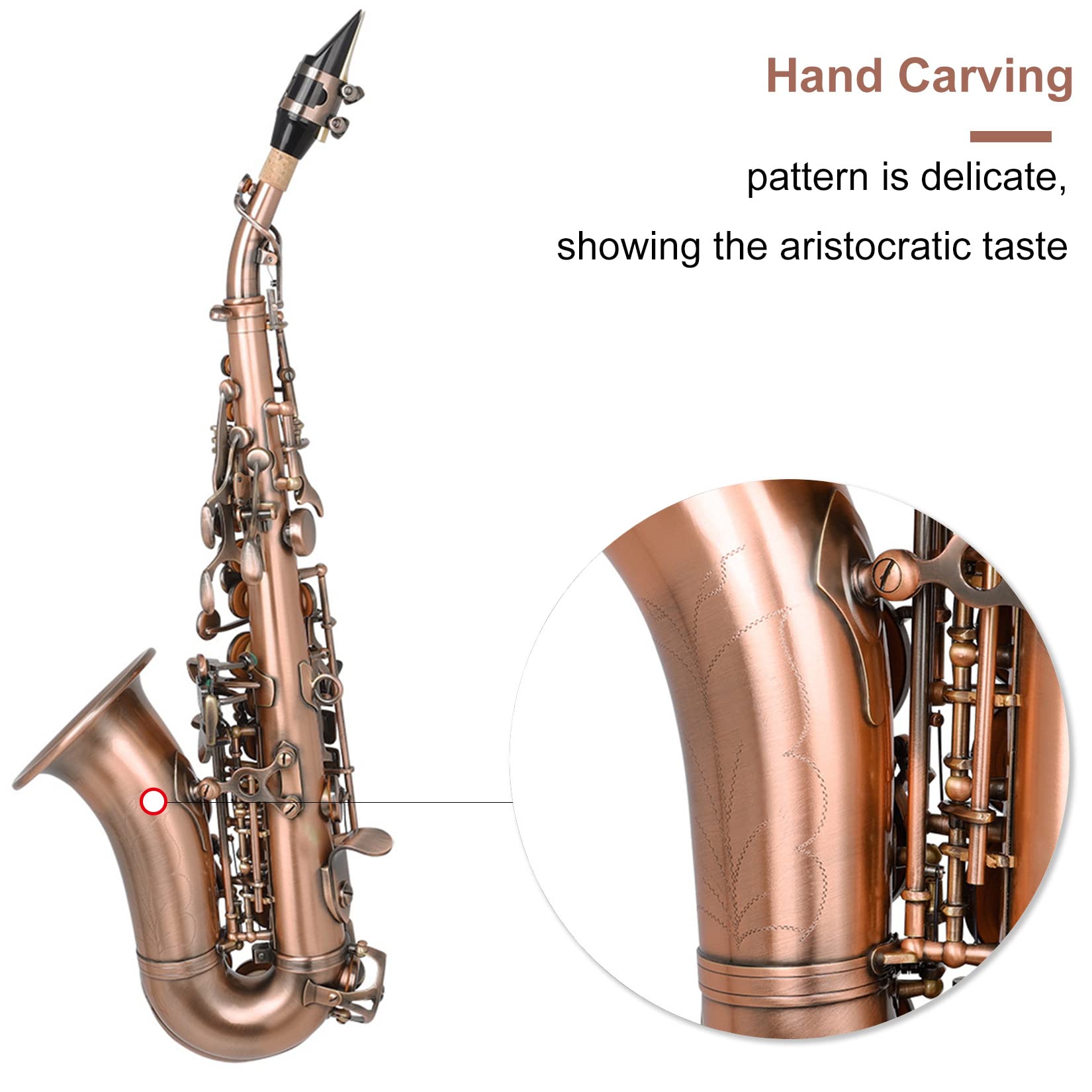 BOTOWI Sassofono Soprano Curvo BB Flat Sax Soprano Sax Full Kit con Custodia per Trasporto, Strumenti a Fiato per Principianti Studenti Intermedi,Incisione Ottone di qualità, Suono Splendidoa