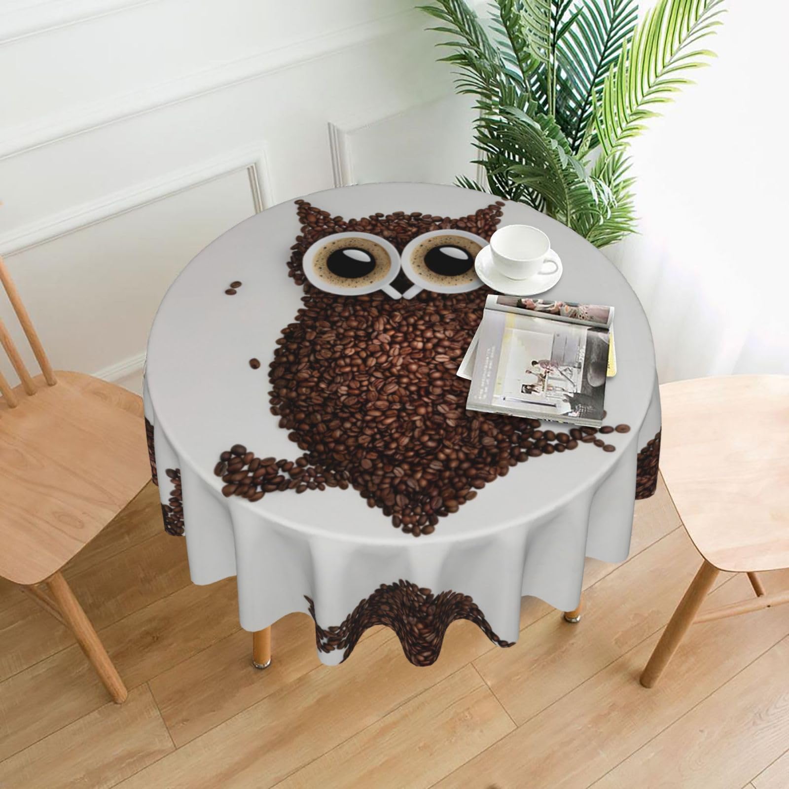 YYHWHJDE Coffee Bean Owl Prints Round Decorative Tablecloth 60in – Elevate Your Dining Space with this Elegant Throw for Everyday Charm & Special Occasions