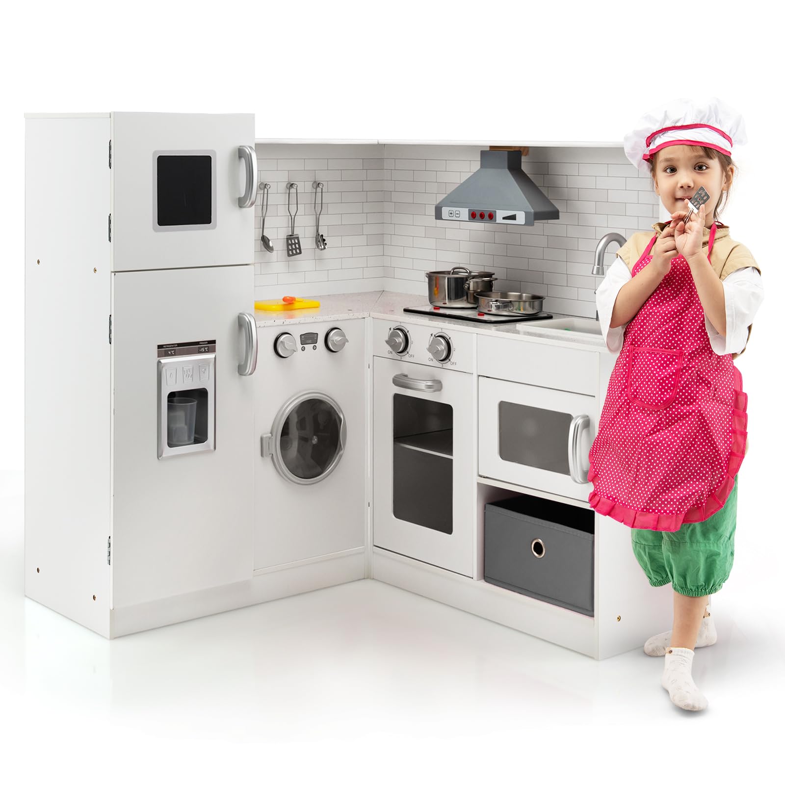 Maxmass Wooden Kids Corner Kitchen, Children Role Play Cooking Playset with Light & Sound, Ice Dispenser, Apron, Chef Hat, Chef Hat, Range Hood, Toddler Toy Kitchen Play for 3+ Years Old (White)