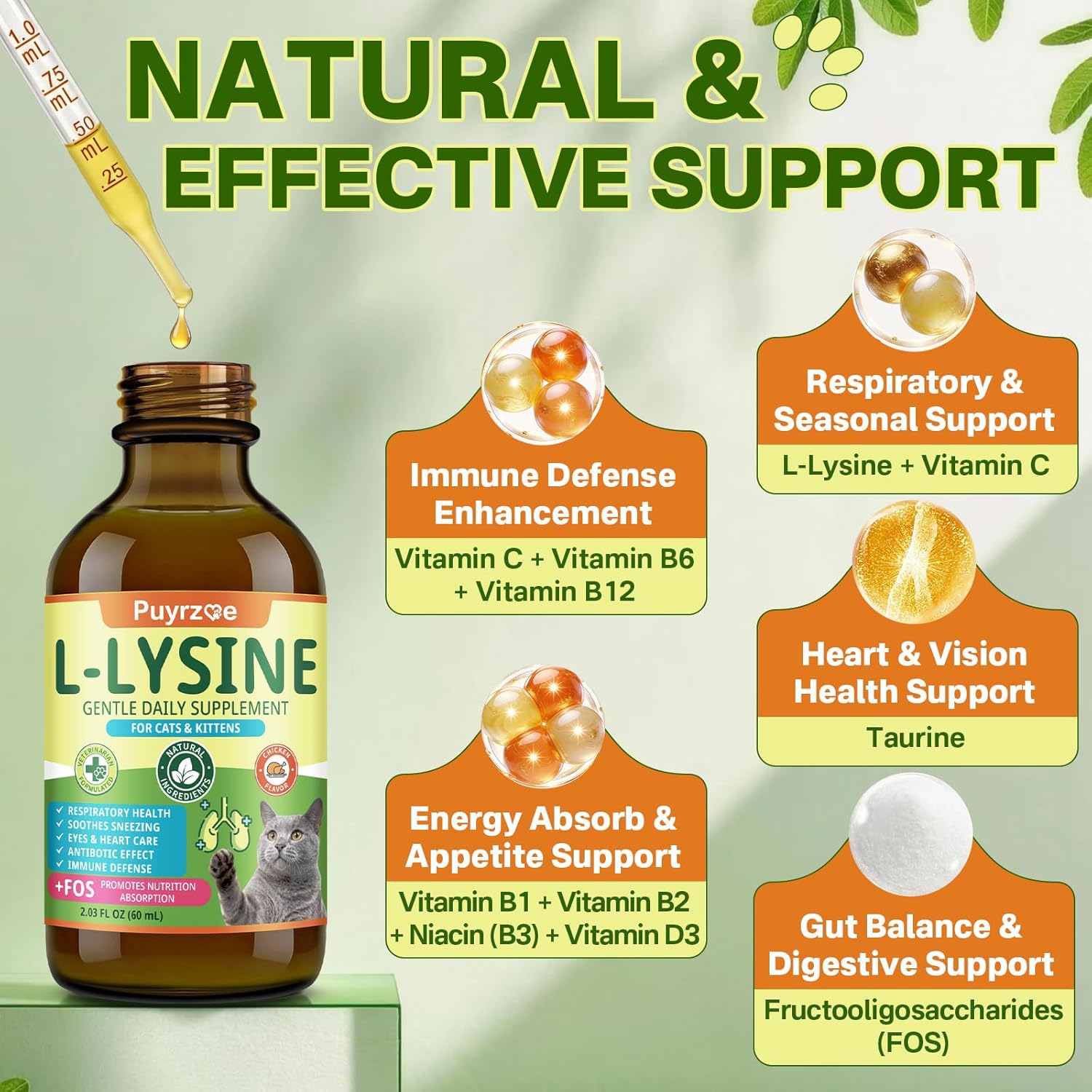 Lysine for Cats Drops + Cat Vitamins Chews – Respiratory & Immune Support + 8-in-1 Daily Nutrition – Liquid Lysine 60ml + 500 Multivitamin Chews with Taurine, Vitamins & Minerals