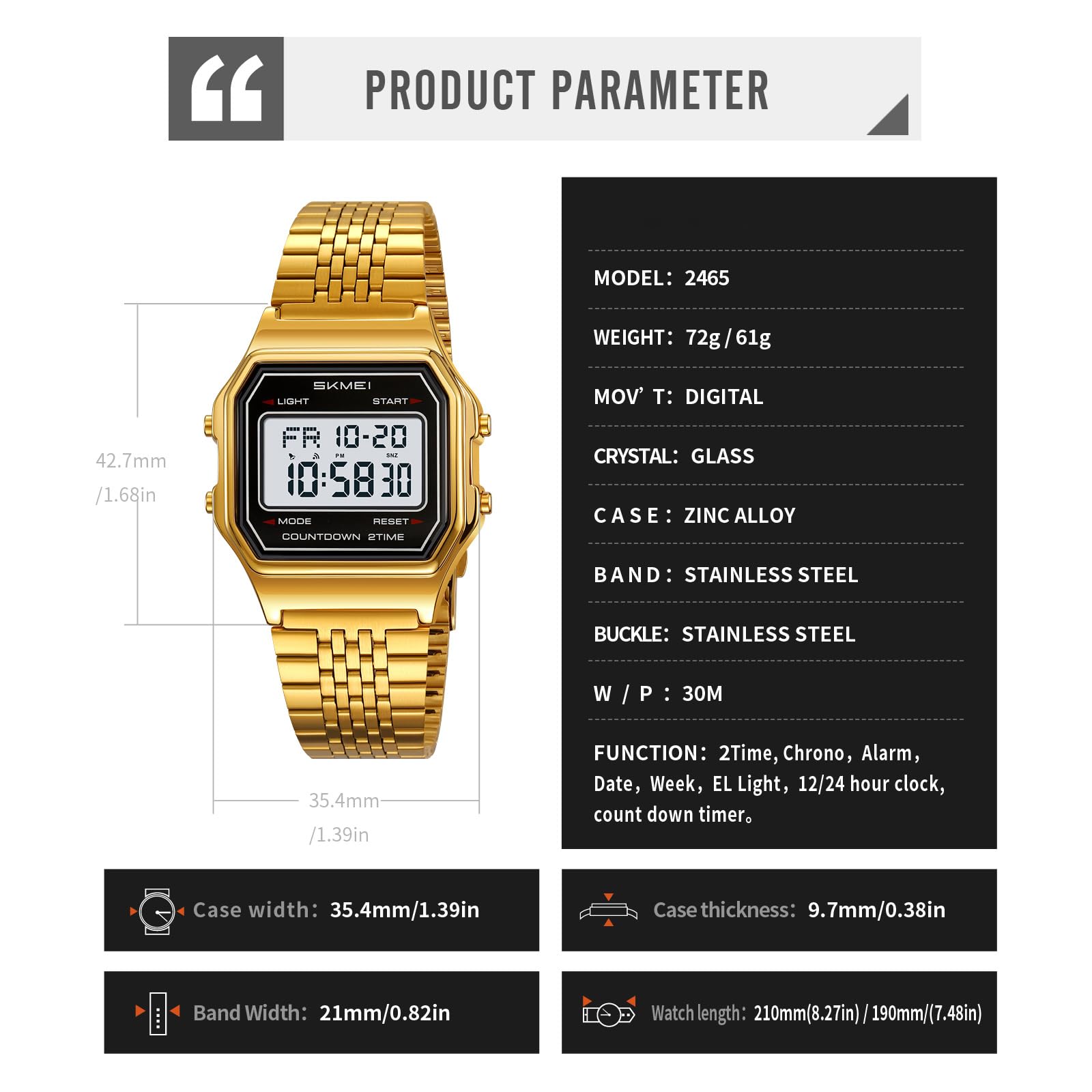 Gosasa Orologio digitale unisex con quadrante quadrato, in acciaio inox Y2K e cinturino elastico, impermeabile fino a 30 m, con retroilluminazione a LED, doppio fuso orario, sveglia, diverse opzioni