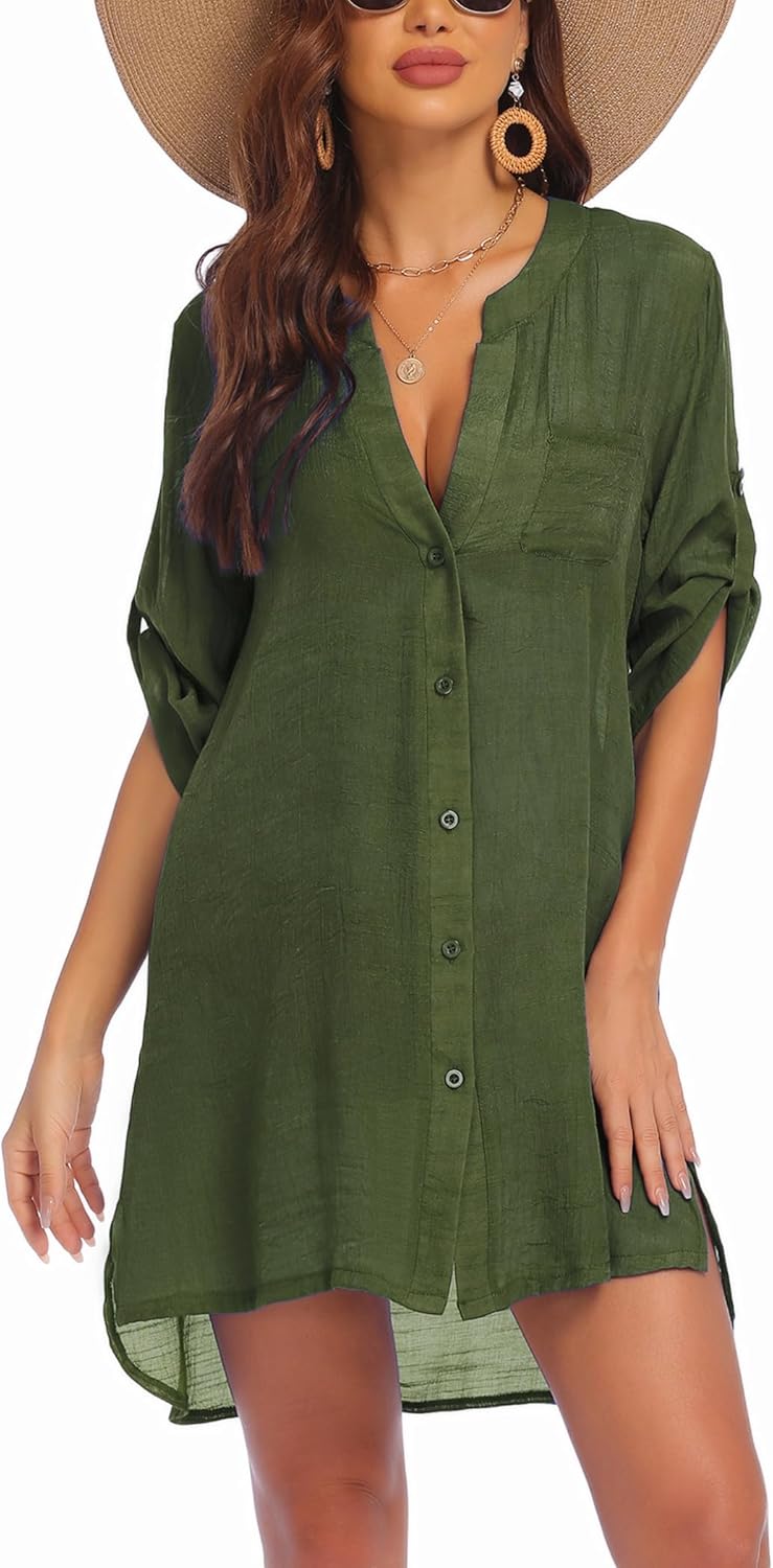 AI'MAGE Women's Swimsuit Cover Ups Shirt V-Neck Button Down Bathing Suit Coverups Beach Tunic Top S-3XL