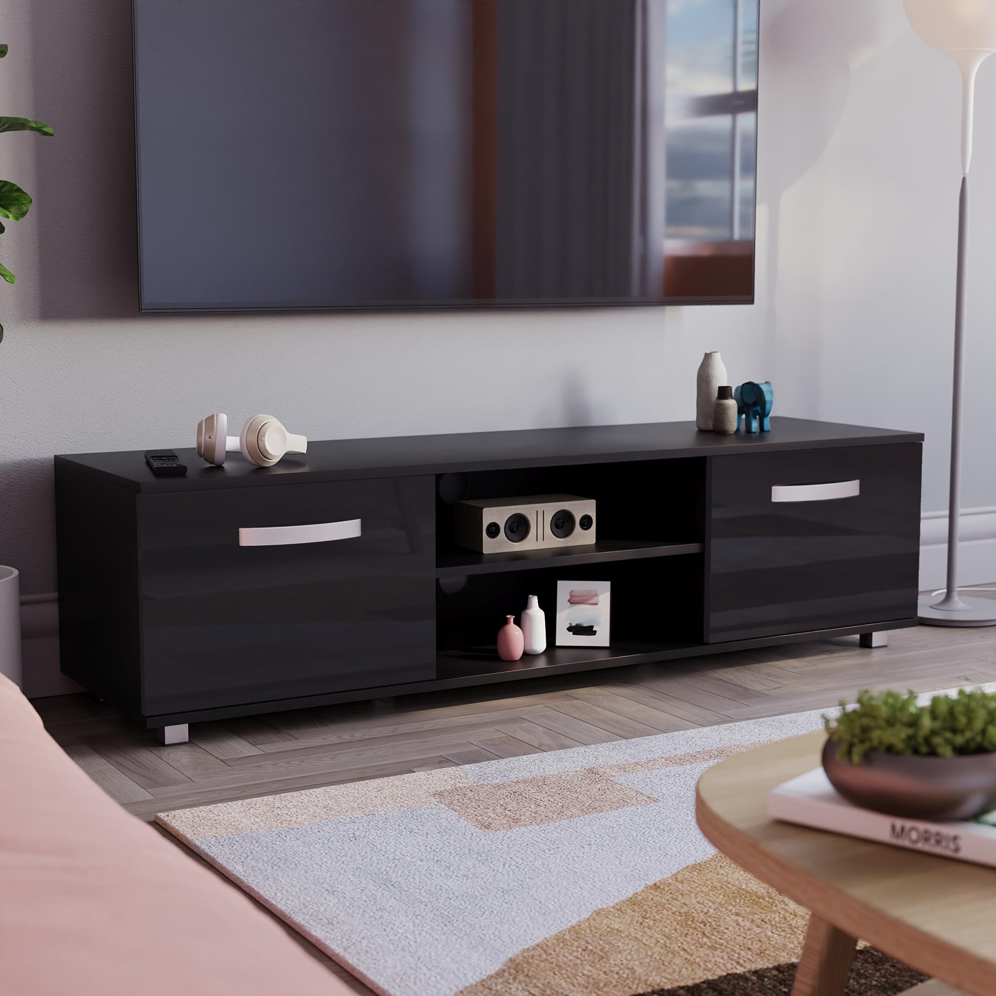Vida Designs Cosmo TV Unit 2 Door Modern Gloss Matte MDF Living Room Cabinet Media Stand Furniture Black 140cm