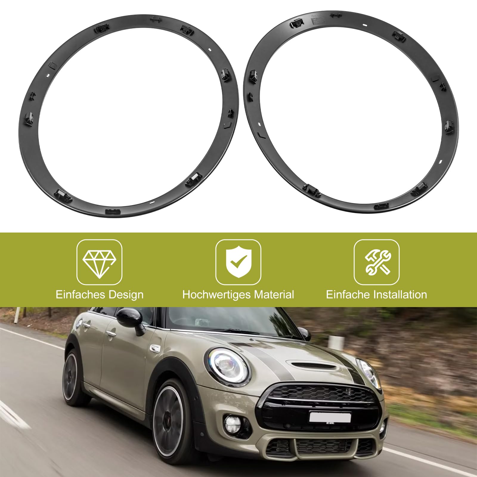 2 piezas de mini anillo decorativo para faros, tiras de cubierta de faros de repuesto para autos. Compatible con BMW Mini Cooper 14-21 F55 F56 F57, 51137300631 51137300632 51712355791