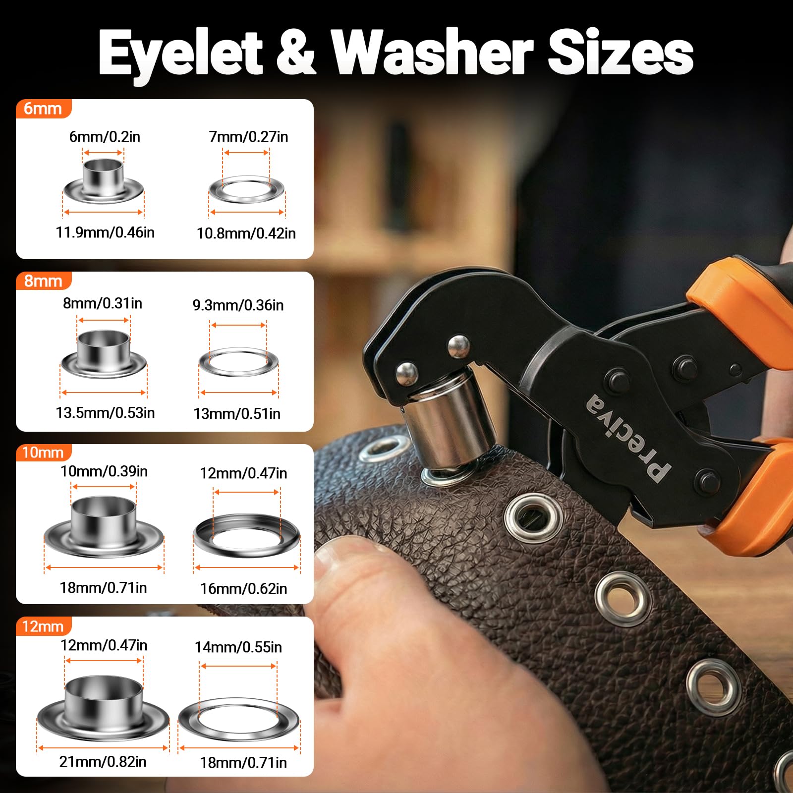 Preciva Ösenzange Set mit Wechselköpfen & 370 Ösen (Ø6/8/10/12 mm) – Handhebelsystem in Aufbewahrungsbox – Für Planen, PVC-Banner, Abdeckungen & Bastelarbeiten