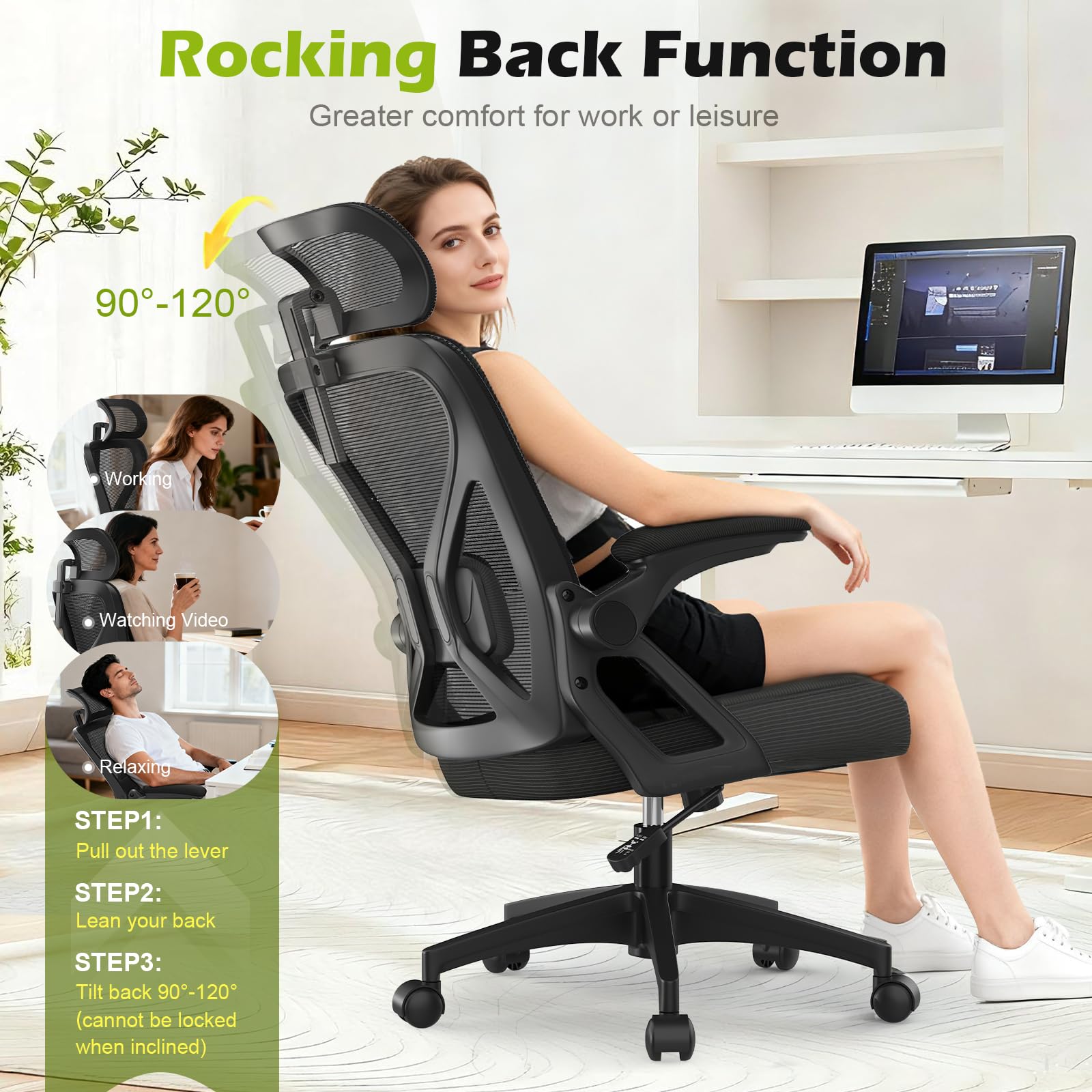 Bürostuhl, ergonomischer Schreibtischstuhl mit gepolsterter Lendenwirbelstütze und hochklappbaren Armlehnen – Computerstuhl mit hoher Rückenlehne, verstellbarer Kopfstütze und bequemem Sitzkissen zum