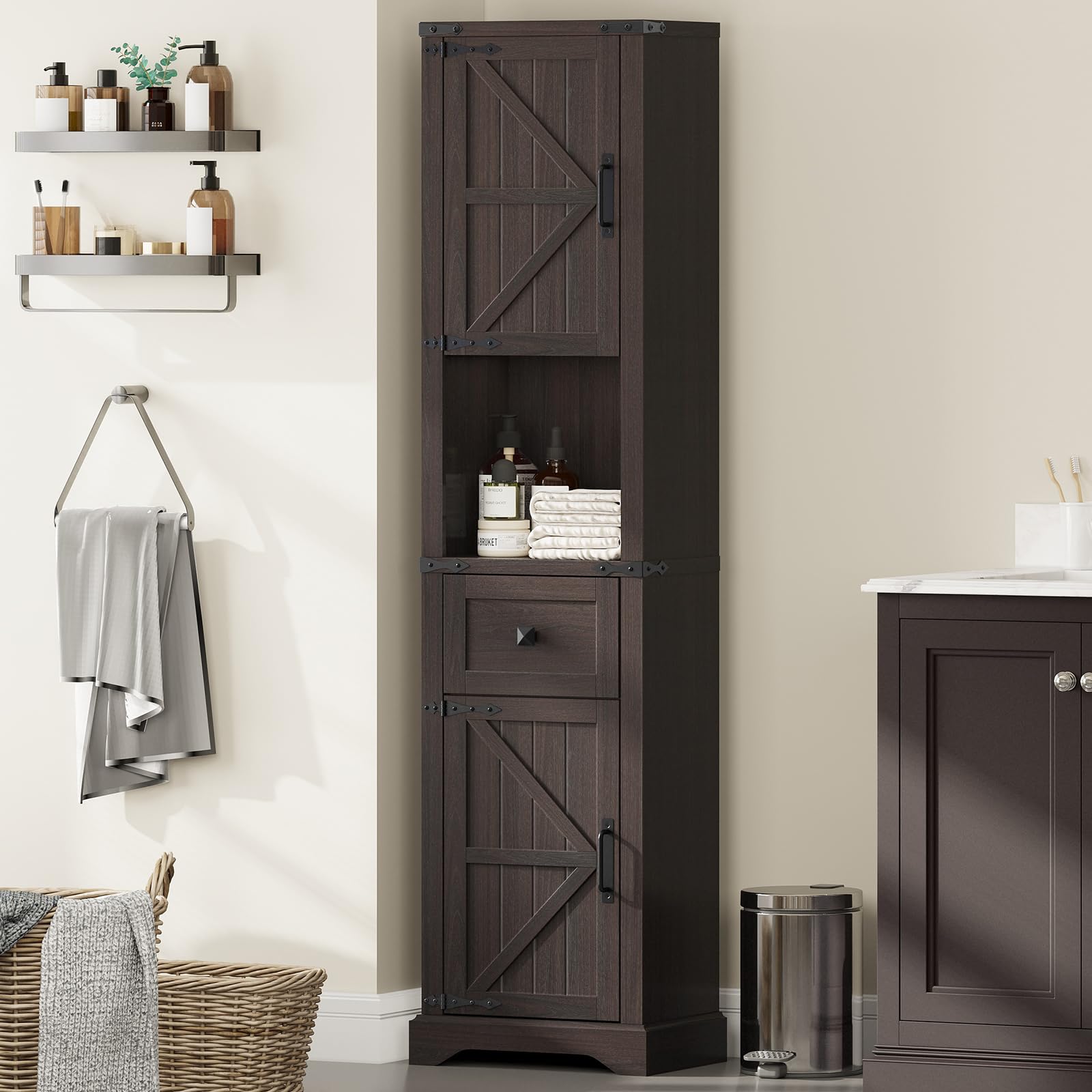 66" Tall Farmhouse Bathroom Storage Cabinet with Barn Doors and Drawer, Narrow Storage Unit, Adjustable Shelves & 5-Tier Space, Freestanding Cabinet
