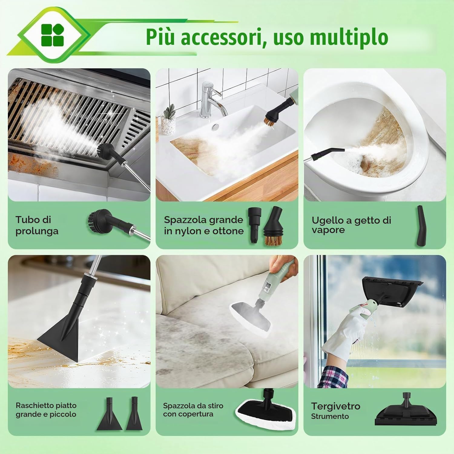 Pulitore a Vapore,2500W Pulizia a Vapore Portatile con 11 Accessori di Spazzole 1100 ML di Serbatoio Dell'acqua, Vaporetto Portatile di Mobili Lmbottiti per Mobili da Cucina, Bagno, Auto,Divano