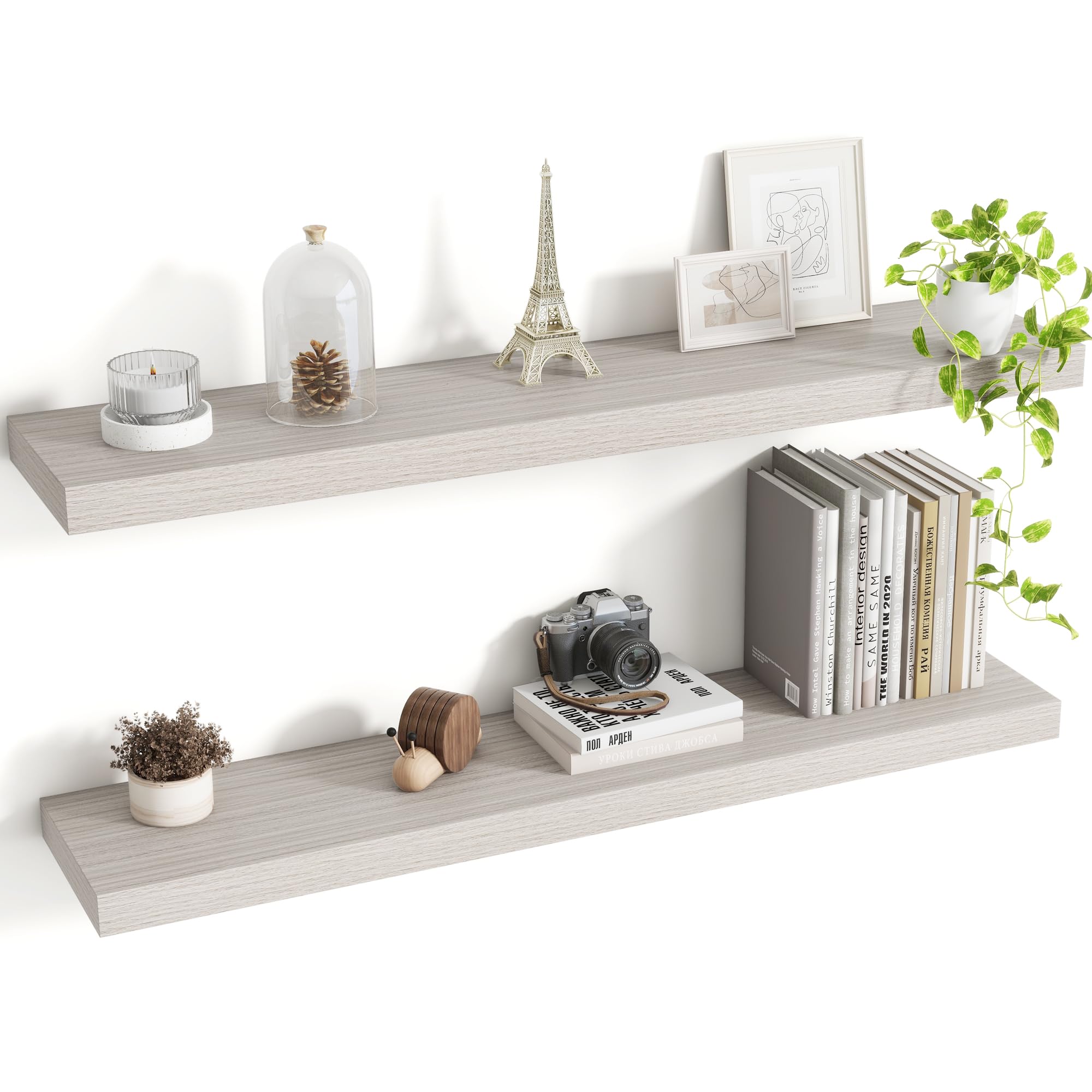 Acovy 36 Inch Floating Shelves, 8 Inch Deep Floating Shelves for Wall, Hanging Shelf with Invisible Brackets, Deep Shelves for Bathroom, Bedroom, Living Room, Grey, Set of 2
