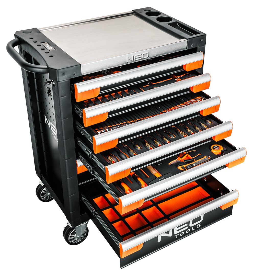 NEO TOOLS PRO wózek warsztatowy wyposażony w 329 części, 7 szuflad, profesjonalna szafka narzędziowa, stal SPCC, aluminiowy blat roboczy, wkładki EVA, nośność 300 kg