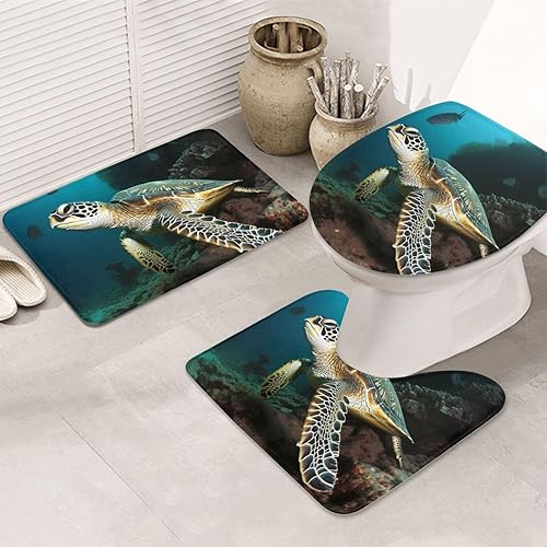 Juego de 3 alfombras de baño con estampado de tortuga marina con alfombras antideslizantes, cubierta para tapa de inodoro y tapete de baño,