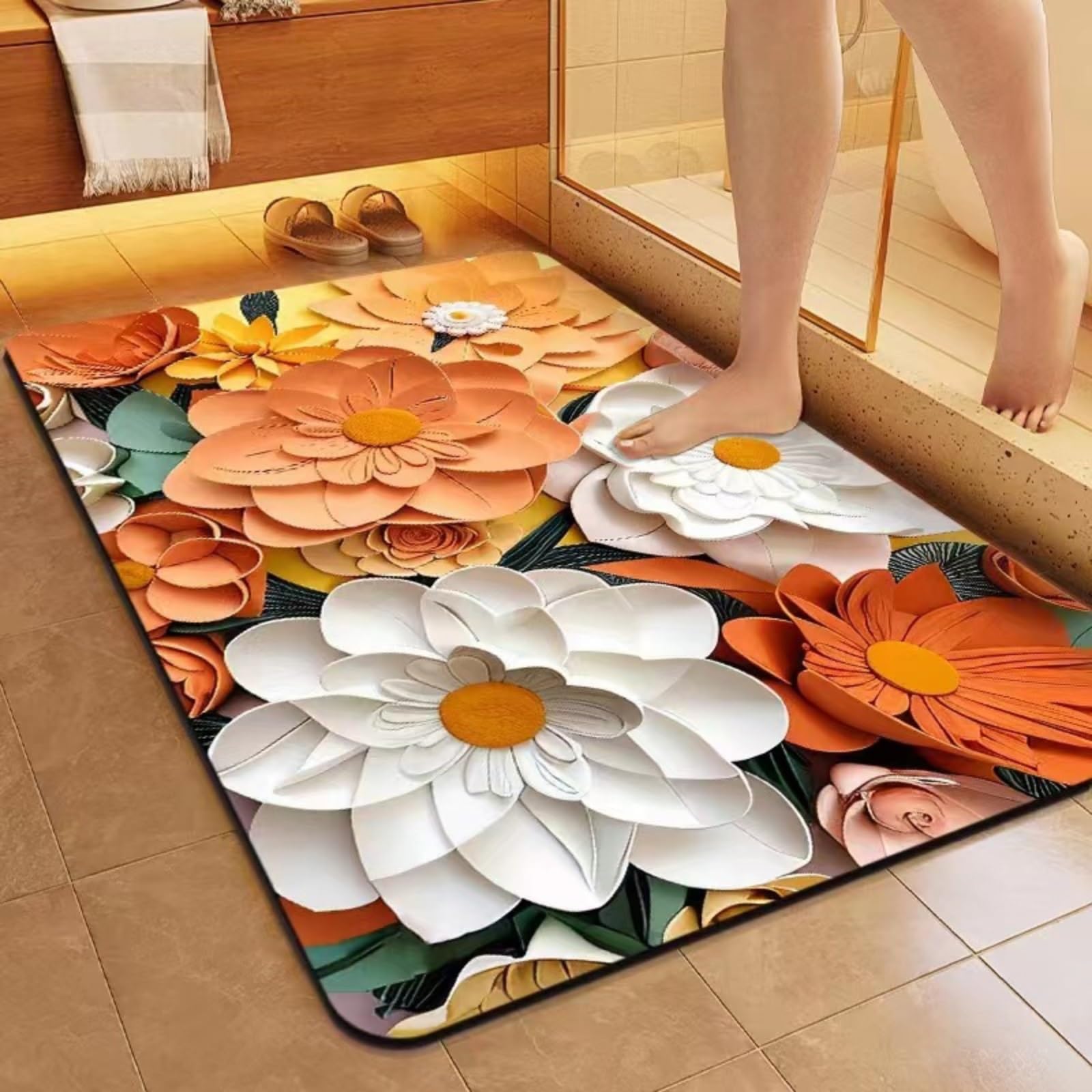 Tapis de bain floral antidérapant et absorbant pour salle de douche