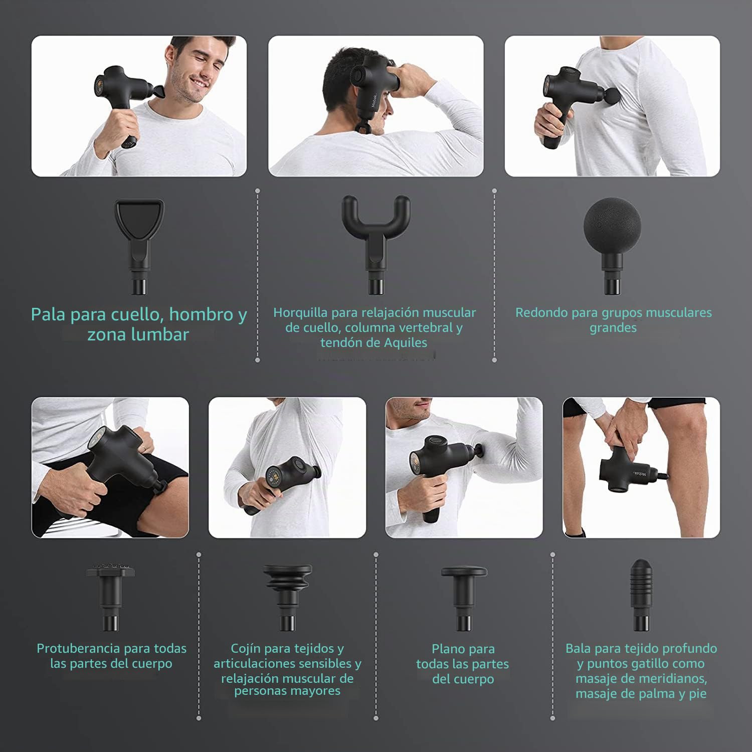 Mebak Pistola de Masaje Muscular Profesional Masajeadora Eléctrica Percusión Tejido Profundo 7 Cabezas 5 Velocidades Amplitud 12mm