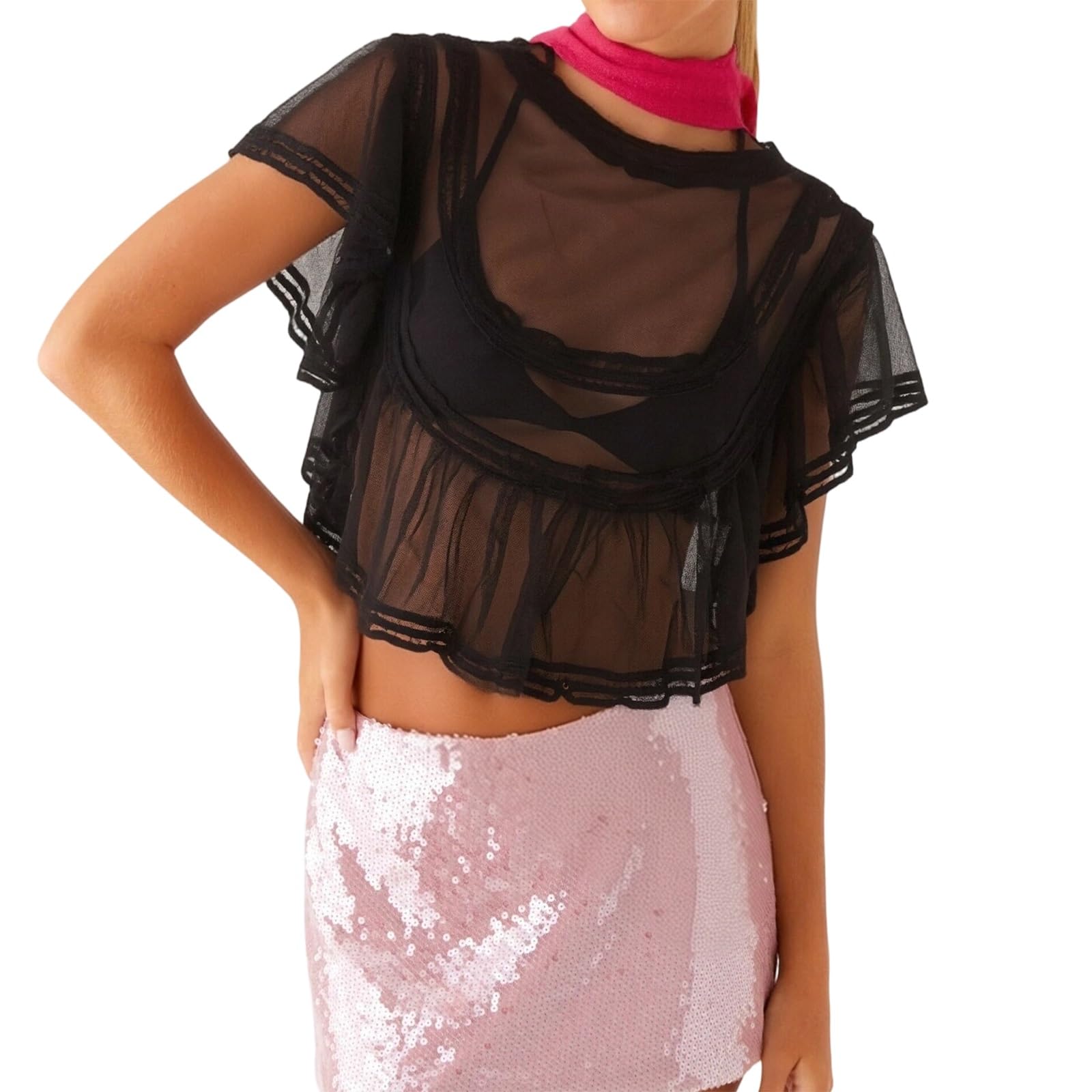 Edhomenn Women's Sheer Mesh Poncho Tops Off Shoulder Guipure Lace Batwing Half Sleeve See-Through Cropped Cover-Up (Black, L)