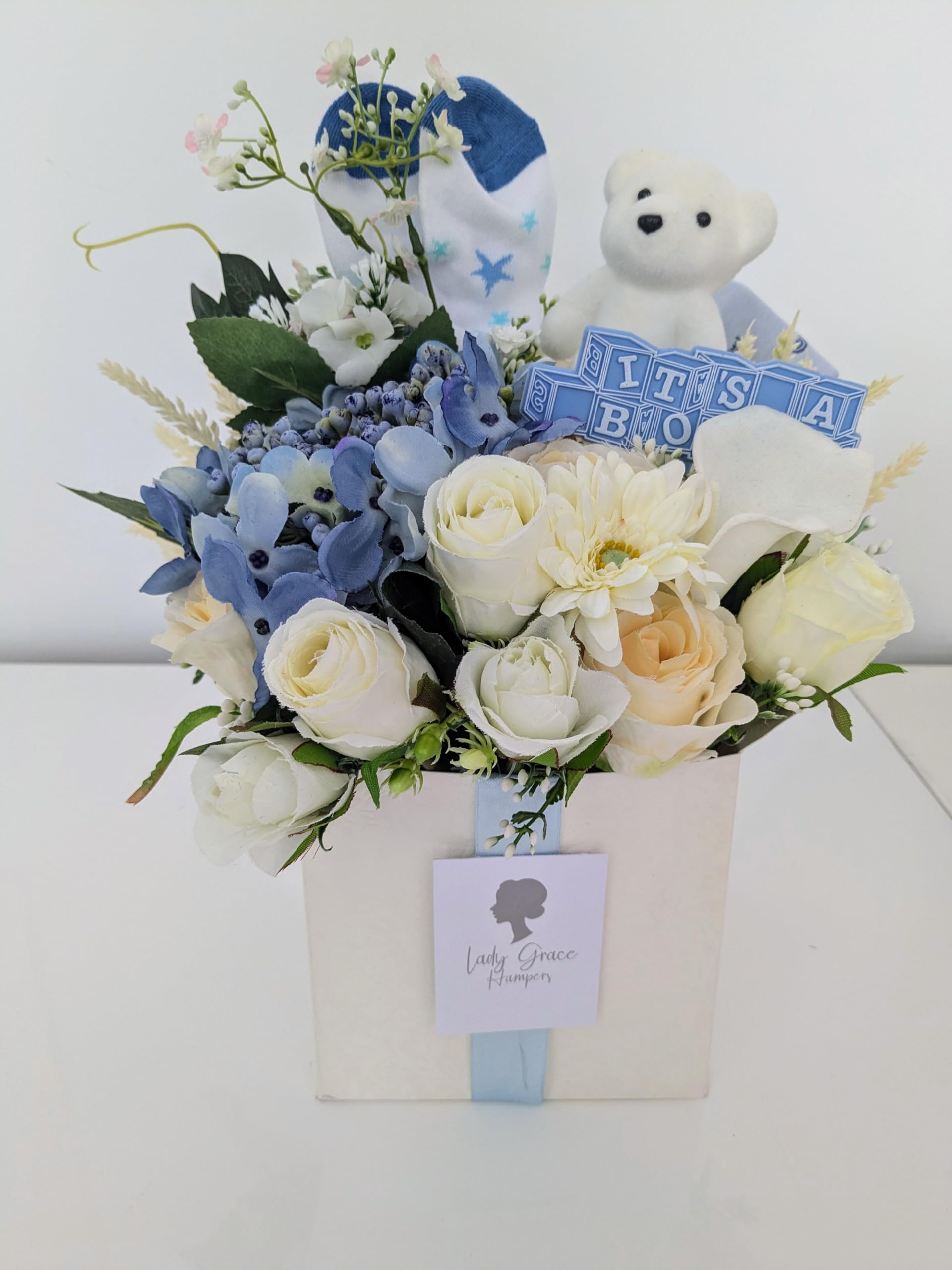Baby Boy Blue Silk Flowers arrangement Box - New Born