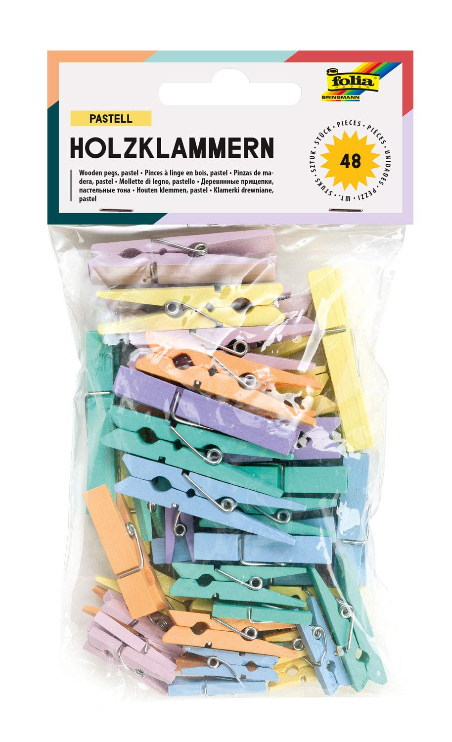 Folia 2289 - Pastel Wooden Pegs - 48 Count, 3 Sizes, 6 Colours - Ideal for Notes, Pictures or Creative Work