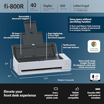 Fujitsu RICOH fi-800R Ultra-Compact, Color Duplex Document Scanner with Dual Auto Document Feeders (ADF)